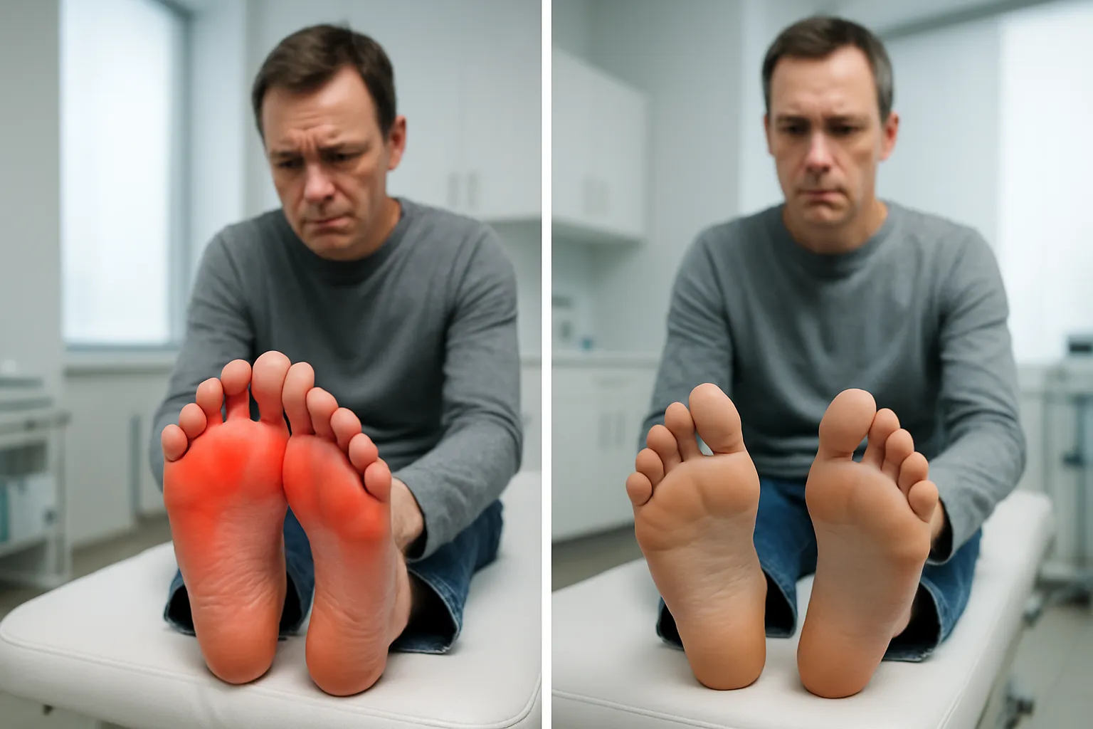 Comparação visual antes e depois mostrando pés com neuropatia periférica (formigamento e inflamação) versus pés com função nervosa restaurada após tratamento com ácido alfa-lipóico