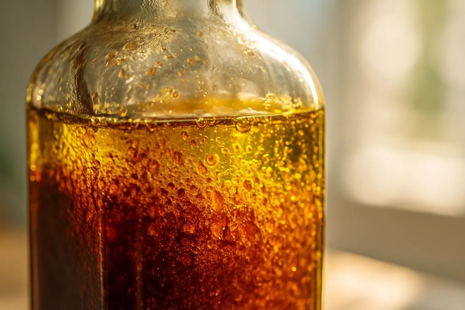 Close-up detalhado de óleo vegetal oxidado mostrando degradação molecular e sinais de rancificação, ilustrando os efeitos inflamatórios dos óleos vegetais refinados