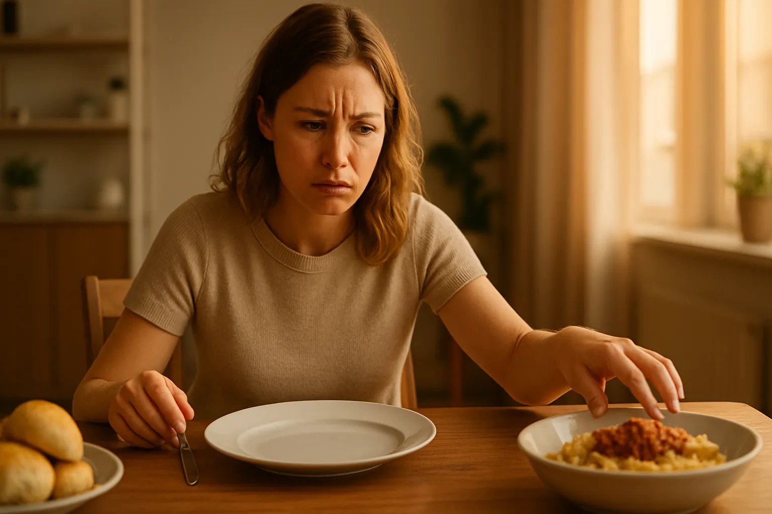 Mulher sentada à mesa demonstrando fome persistente mesmo após refeição completa, ilustrando a resistência à leptina e falta de saciedade
