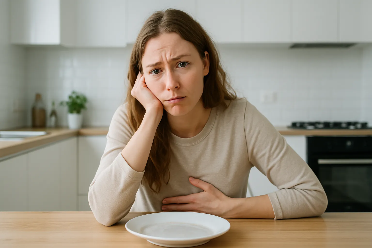 Mulher sentindo fome inexplicável logo após ter feito uma refeição completa, ilustrando os efeitos da desregulação da ghrelina
