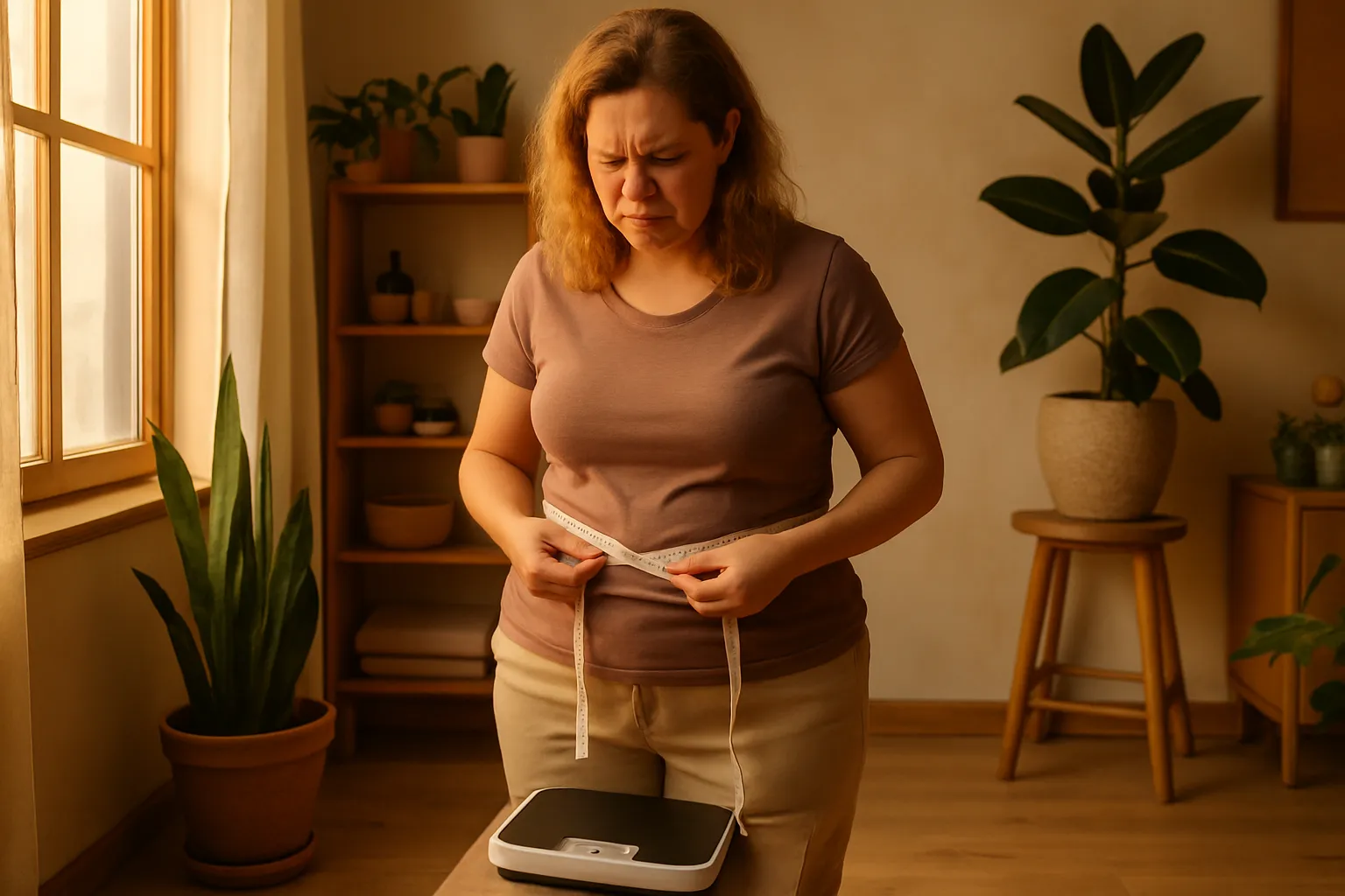 Pessoa frustrada em cima da balança segurando fita métrica na cintura, demonstrando dificuldade em perder peso apesar dos esforços, representando o platô metabólico causado por desequilíbrio hormonal