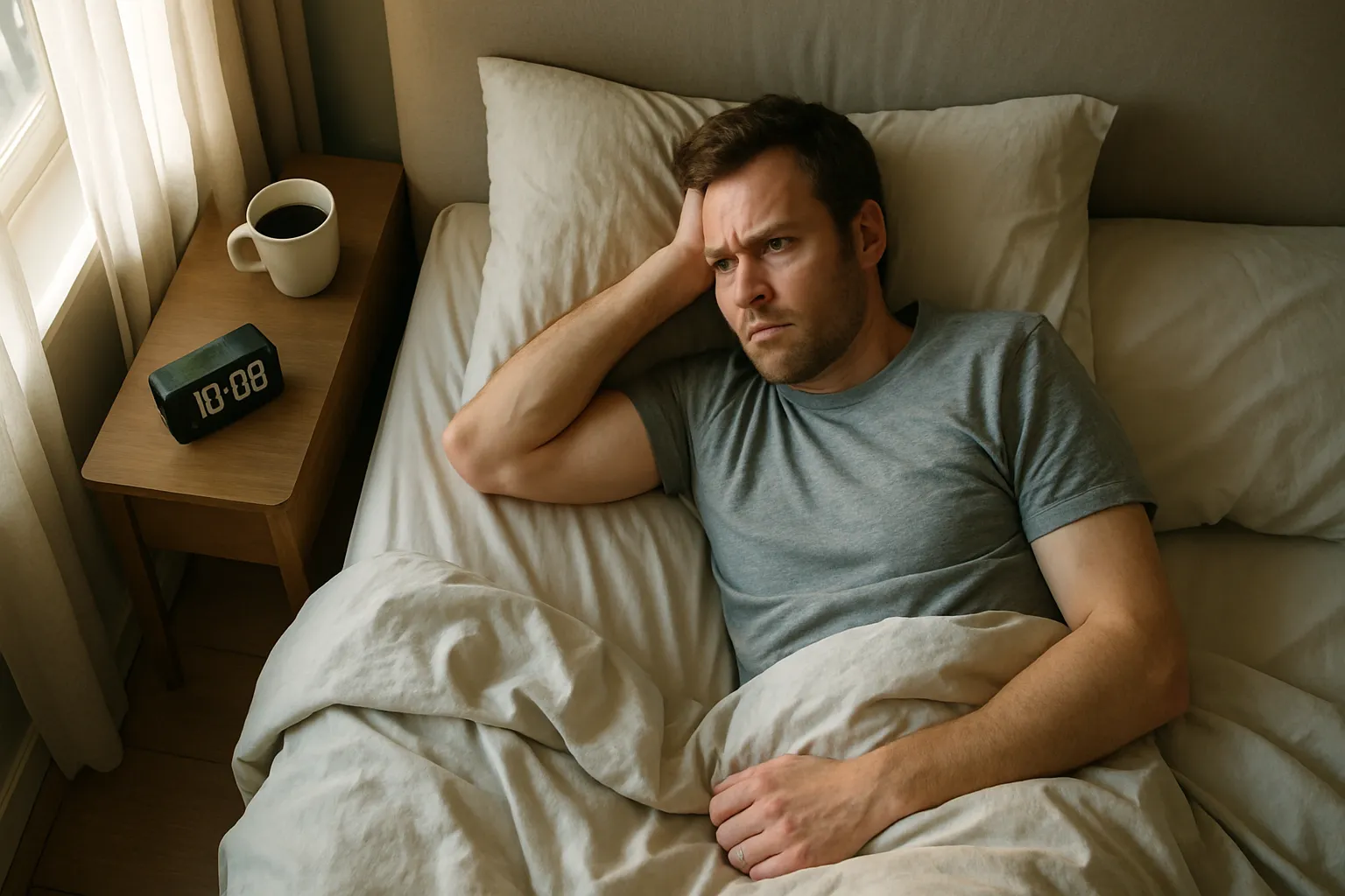 Pessoa acordada na cama à noite olhando frustrada para o relógio, ilustrando insônia causada por consumo de café no horário inadequado