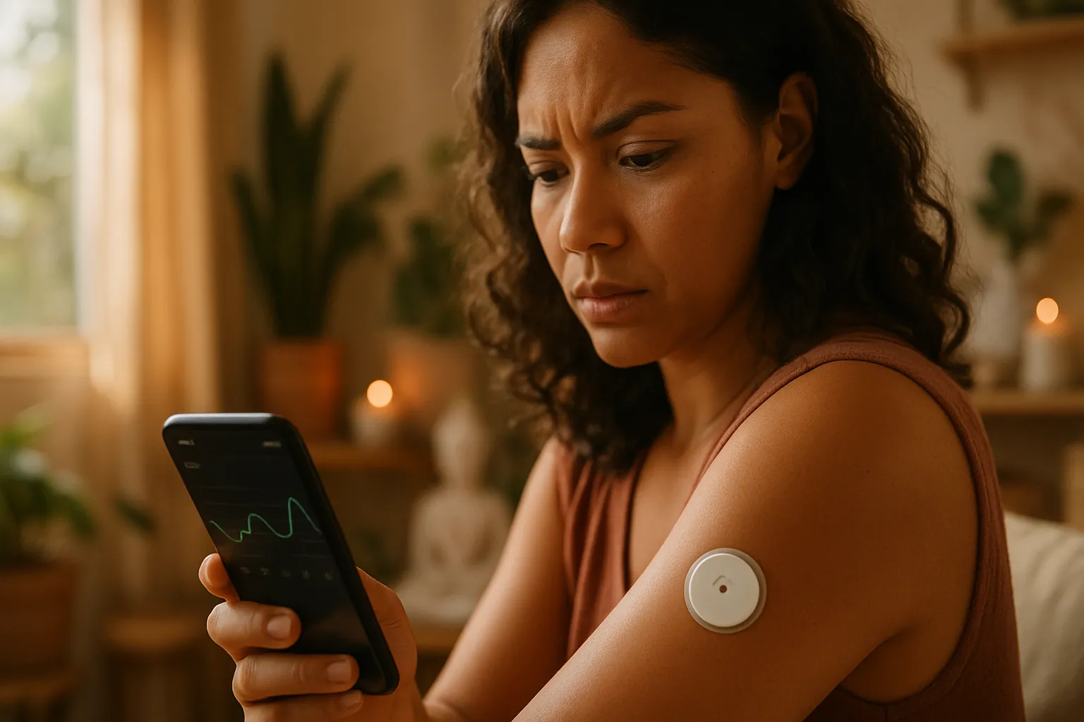 Mulher verificando sensor de monitoramento contínuo de glicose (CGM) no braço enquanto analisa curvas glicêmicas no aplicativo do smartphone