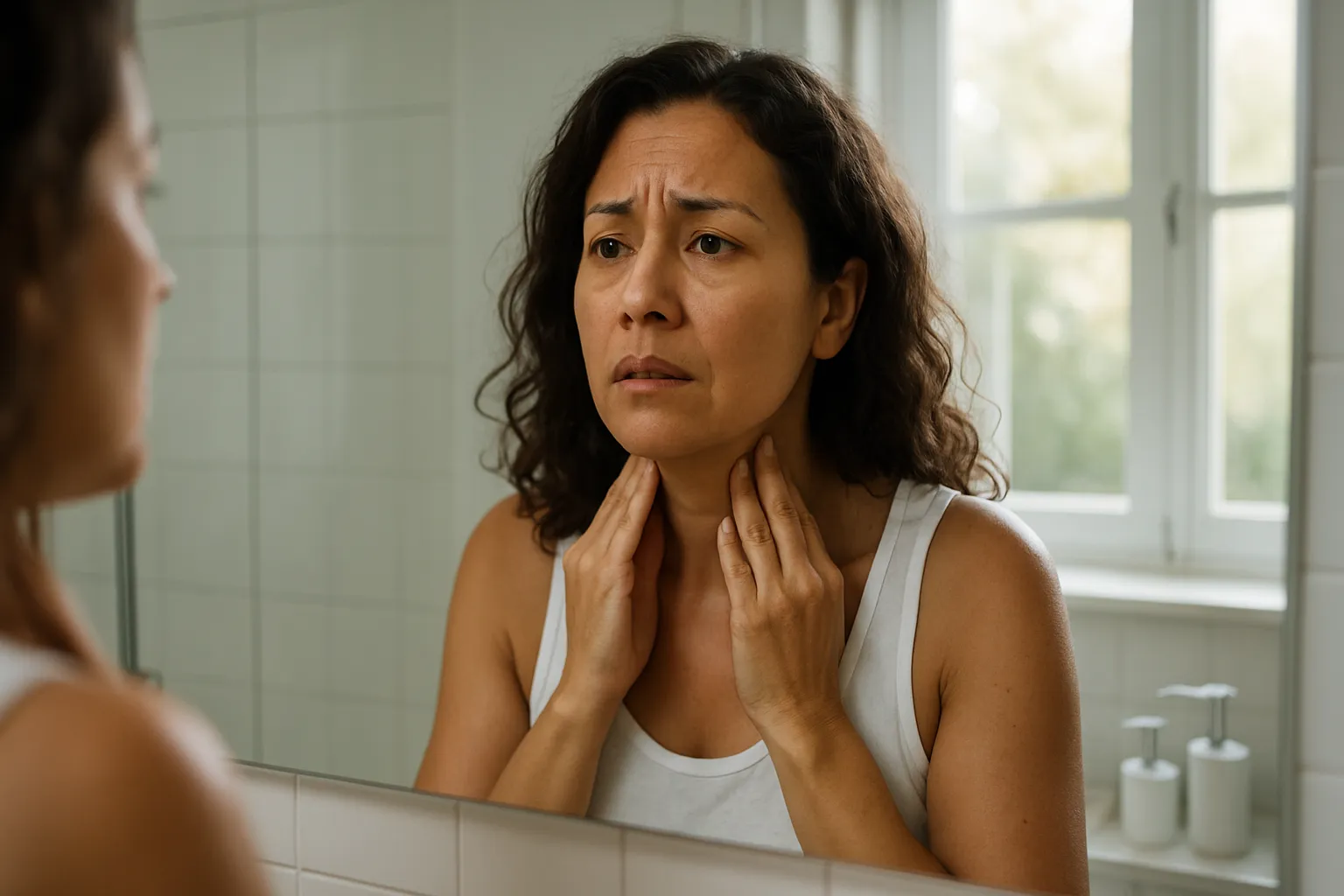 Mulher preocupada tocando região da tireoide no pescoço enquanto se olha no espelho, demonstrando preocupação com sintomas tireoidianos