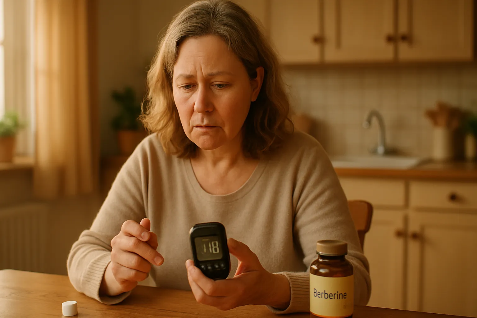 Mulher verificando glicemia em casa com medidor digital, demonstrando preocupação com controle glicêmico e considerando suplementação natural com berberina