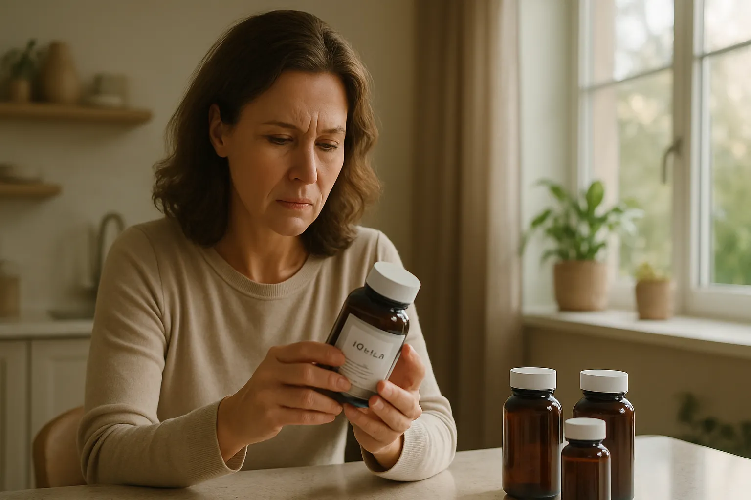 Mulher examinando cuidadosamente rótulo de suplemento de ômega-3 durante rotina matinal, questionando eficácia da suplementação
