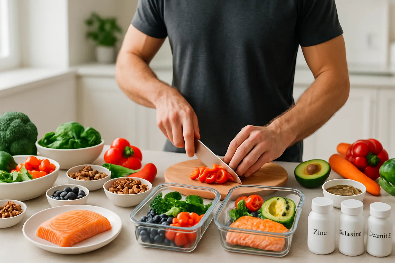Homem preparando refeição rica em antioxidantes com vegetais coloridos, frutas vermelhas, salmão e nozes para otimizar a saúde do esperma e fertilidade masculina