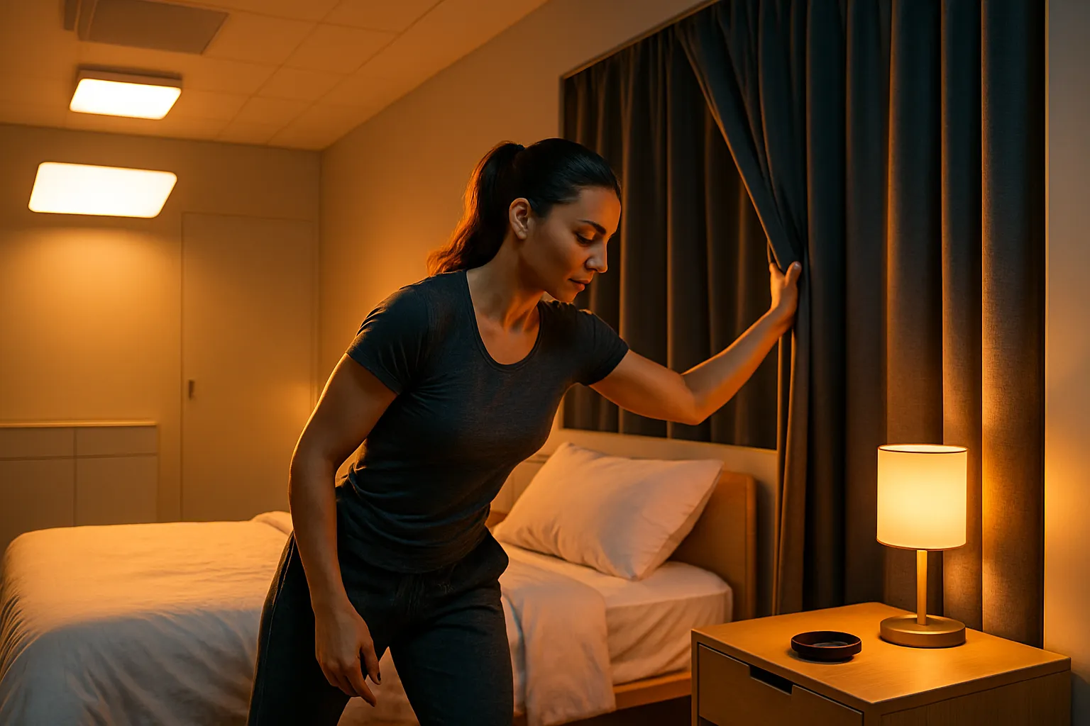 Pessoa preparando quarto com iluminação adequada e ambiente otimizado para sono profundo e produção de hormônio do crescimento