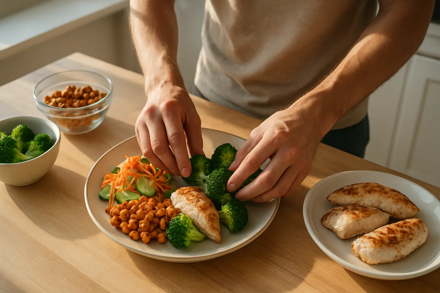 Pessoa preparando refeição balanceada com proteínas e fibras para controle de cravings alimentares e saciedade prolongada