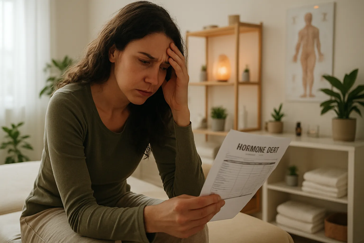 Mulher frustrada analisando resultados de exames hormonais mostrando progesterona normal apesar de sintomas persistentes