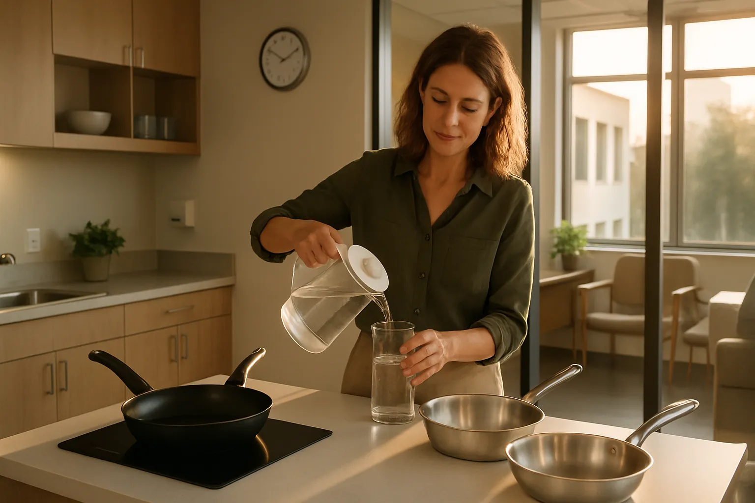 Pessoa substituindo panelas antiaderentes por aço inoxidável e usando água filtrada, demonstrando técnicas práticas de redução de exposição aos PFAS (forever chemicals) em ambiente de consultório moderno