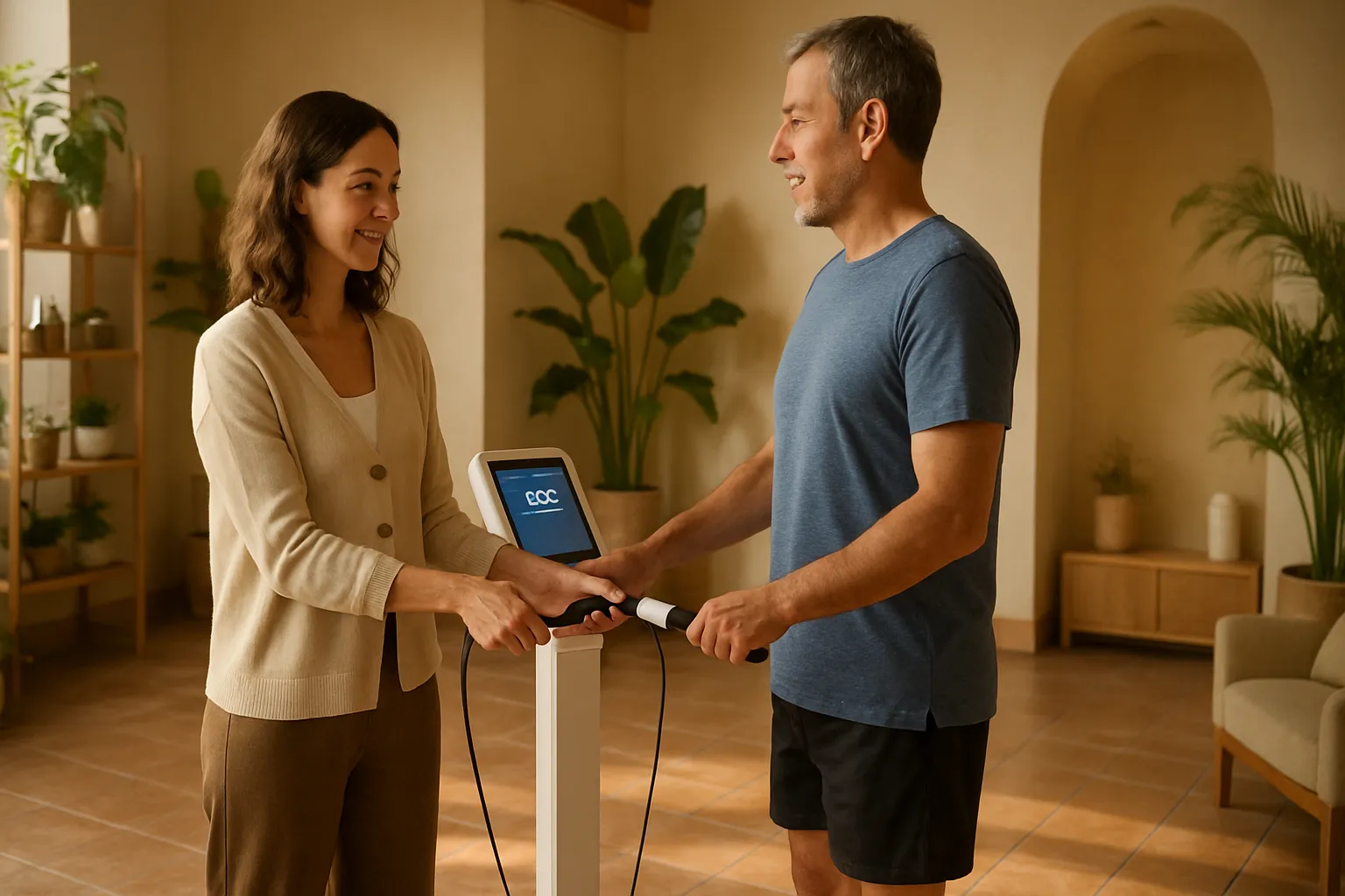 Profissional de saúde realizando avaliação de composição corporal em cliente de meia-idade para diagnóstico de sarcopenia