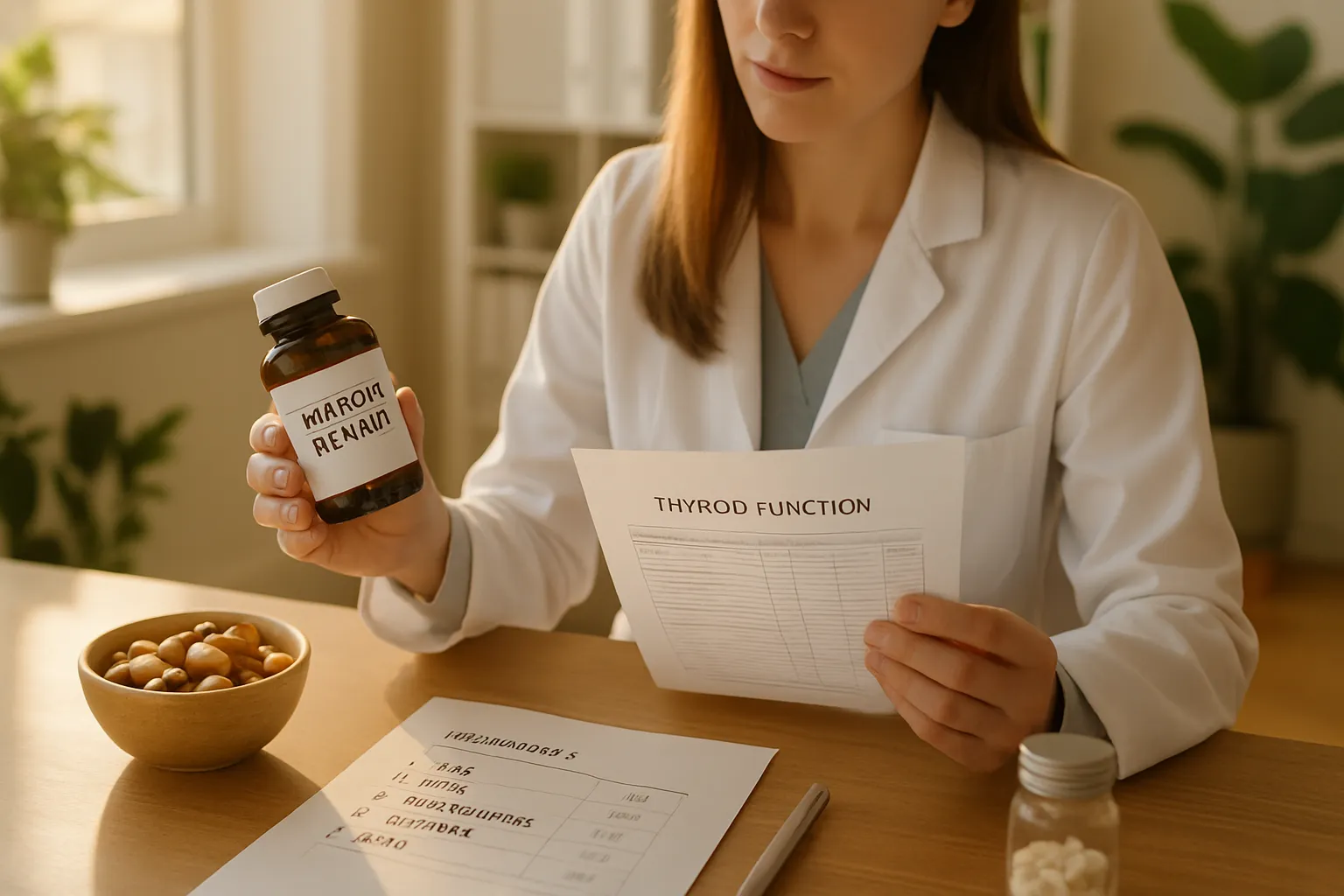 Nutricionista avaliando suplementos de saúde tireoidiana com castanhas-do-pará ricas em selênio e resultados de testes de função tireoidiana