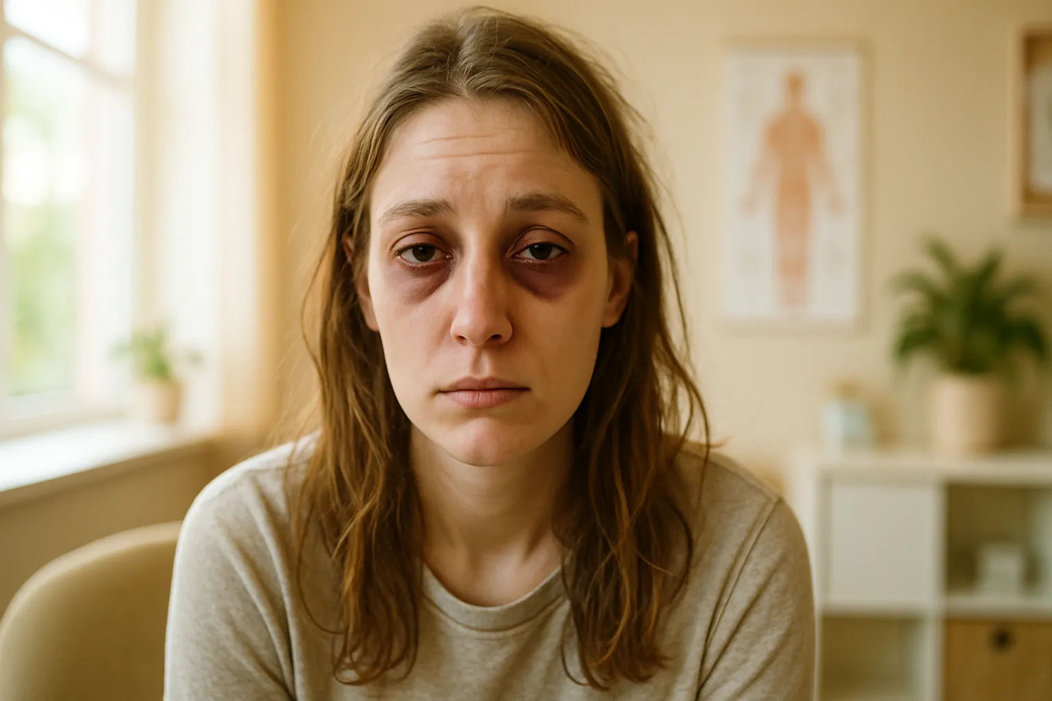 Pessoa jovem mostrando sinais visíveis de fadiga crônica e desequilíbrio hormonal, com olheiras e expressão cansada, em ambiente de consulta médica iluminado naturalmente