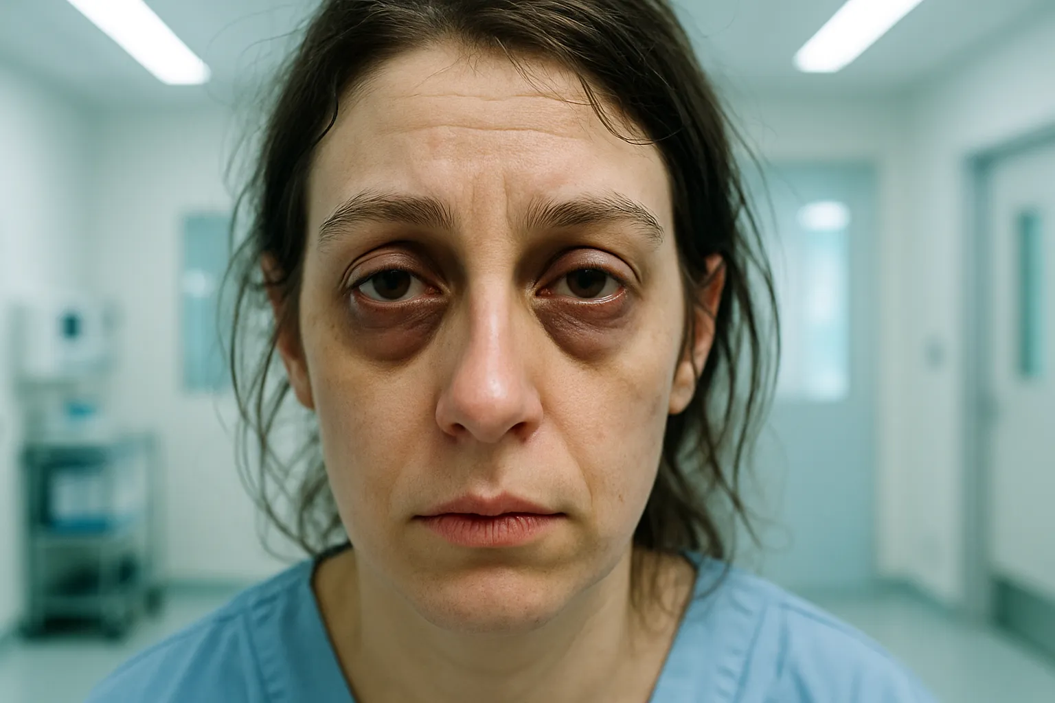 Close-up de pessoa mostrando sinais claros de fadiga crônica e exaustão, com olheiras profundas e expressão de cansaço extremo