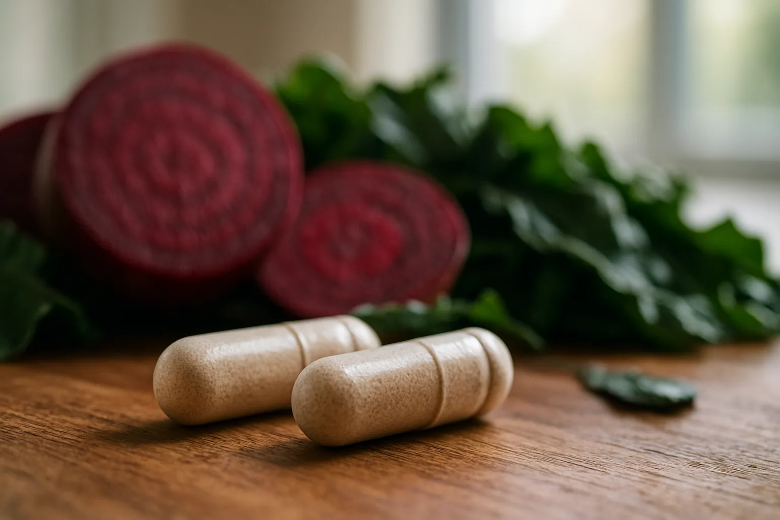 Detalhe macro de suplementos de L-arginina e L-citrulina com beterraba e folhas verdes, ingredientes que apoiam a produção de óxido nítrico para saúde vascular