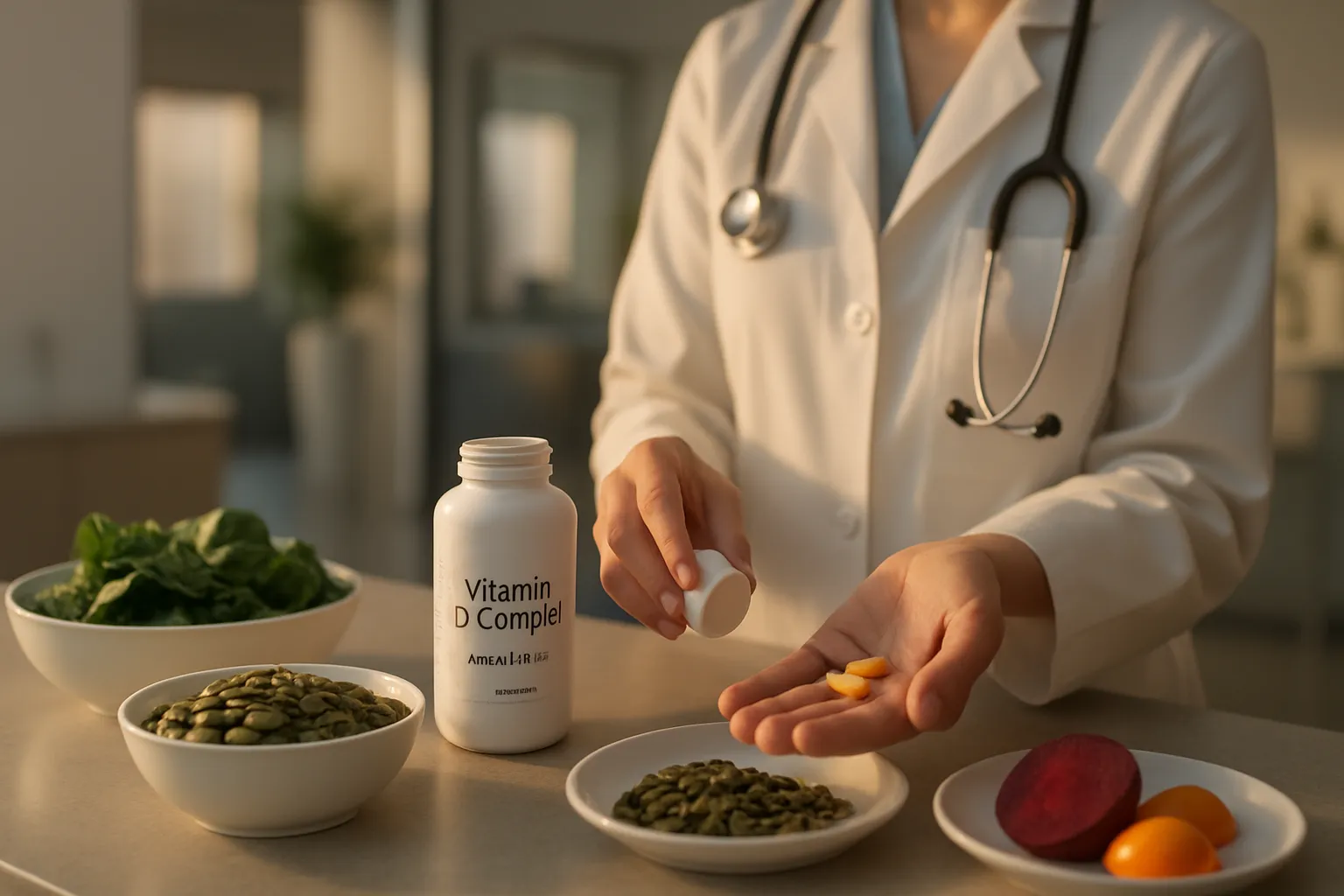 Profissional de saúde preparando protocolo de suporte à metilação com suplementos de vitaminas B, alimentos ricos em magnésio e doadores de metil para otimizar o metabolismo de estrogênio pela enzima COMT