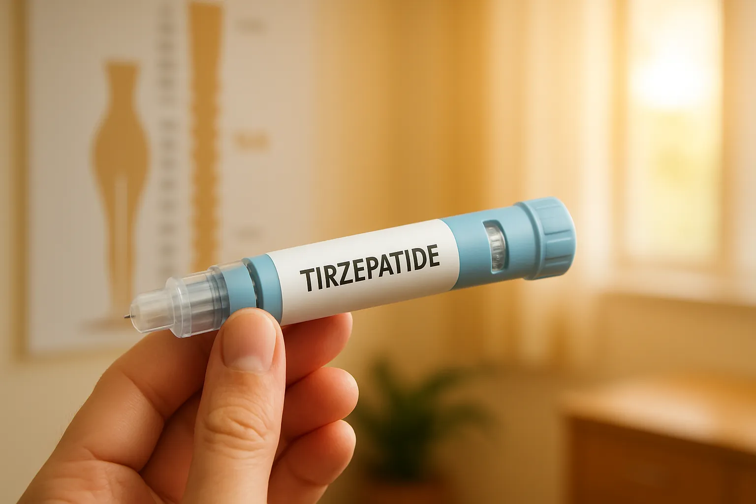 Caneta injetora de tirzepatida sendo segurada com balança ao fundo mostrando progresso de perda de peso, representando o tratamento médico para emagrecimento