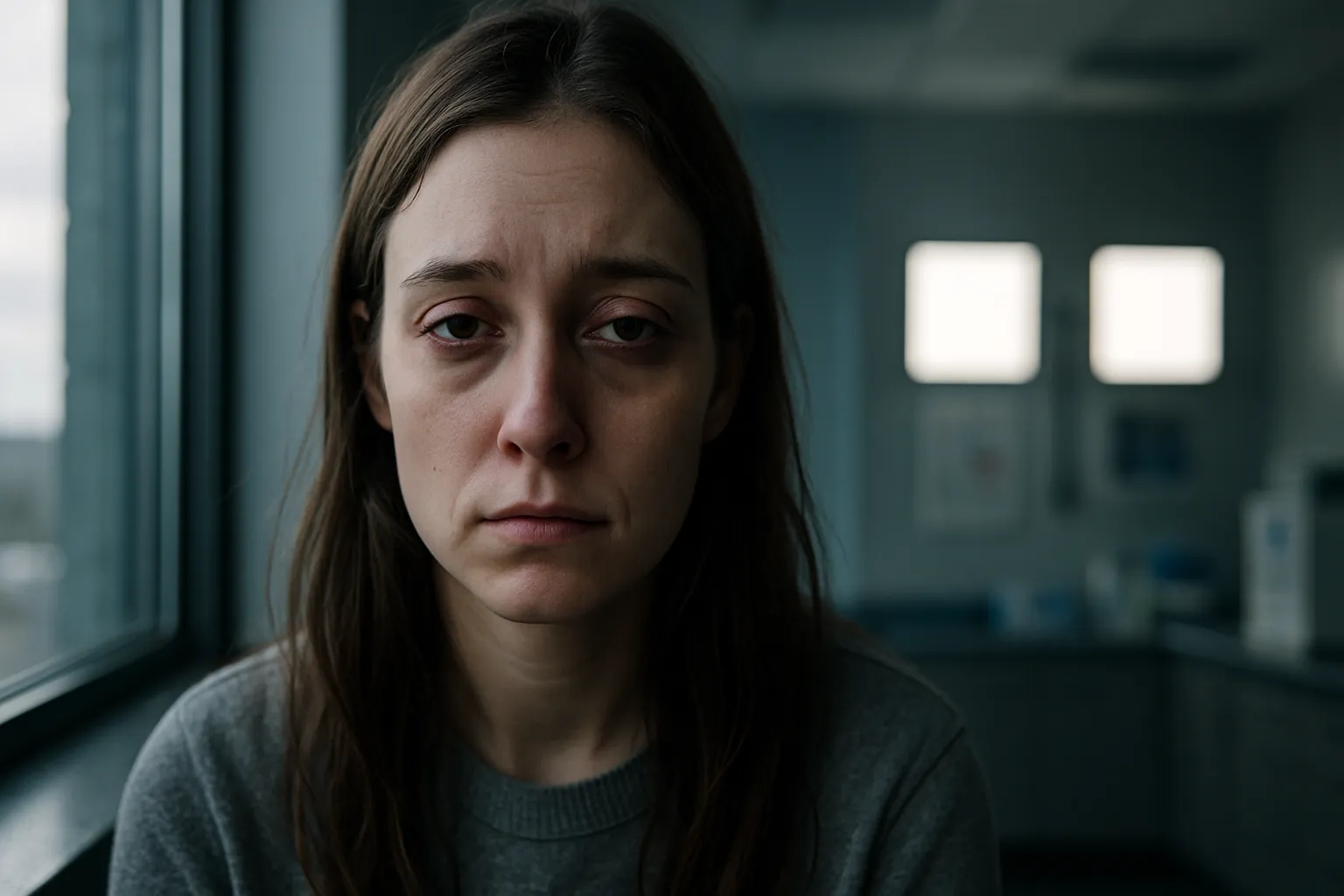 Mulher jovem mostrando sinais visíveis de tristeza inexplicável e fadiga emocional, ilustrando sintomas de inflamação silenciosa afetando o humor