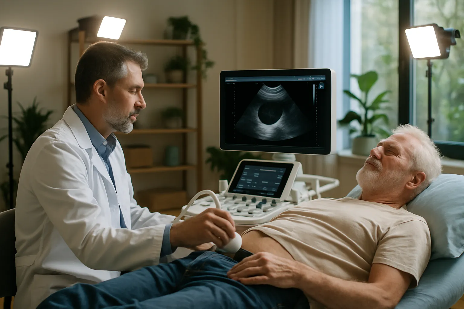 Médico urologista realizando exame de ultrassom prostático em paciente masculino maduro, com monitor mostrando imagem da próstata em ambiente clínico confortável