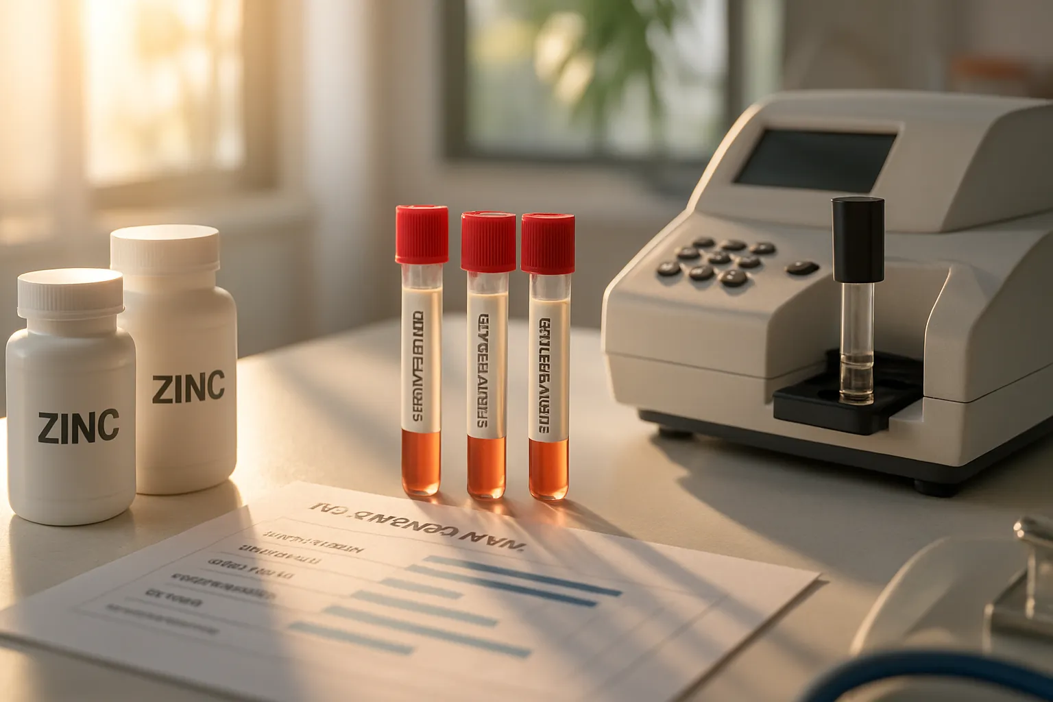 Kit de teste hormonal profissional mostrando suplementos de zinco, tubos de teste de testosterona e equipamento de análise mineral em ambiente clínico iluminado