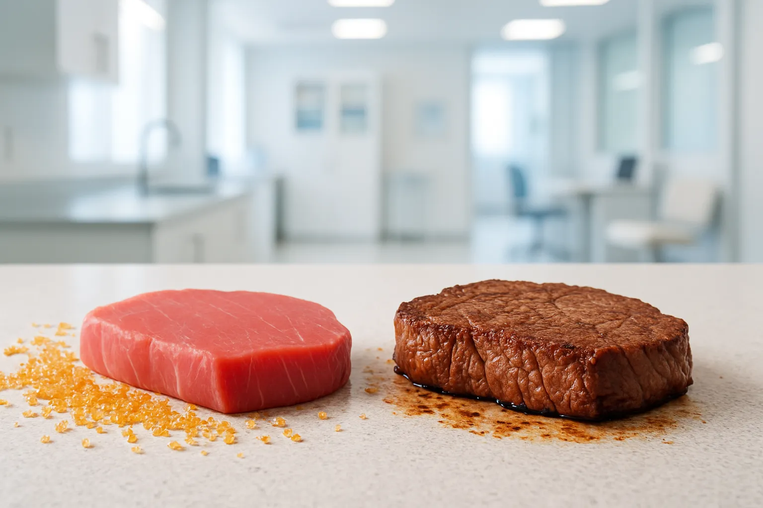 Bancada de cozinha mostrando processo de caramelização de carne representando como o açúcar glica proteínas internamente no corpo