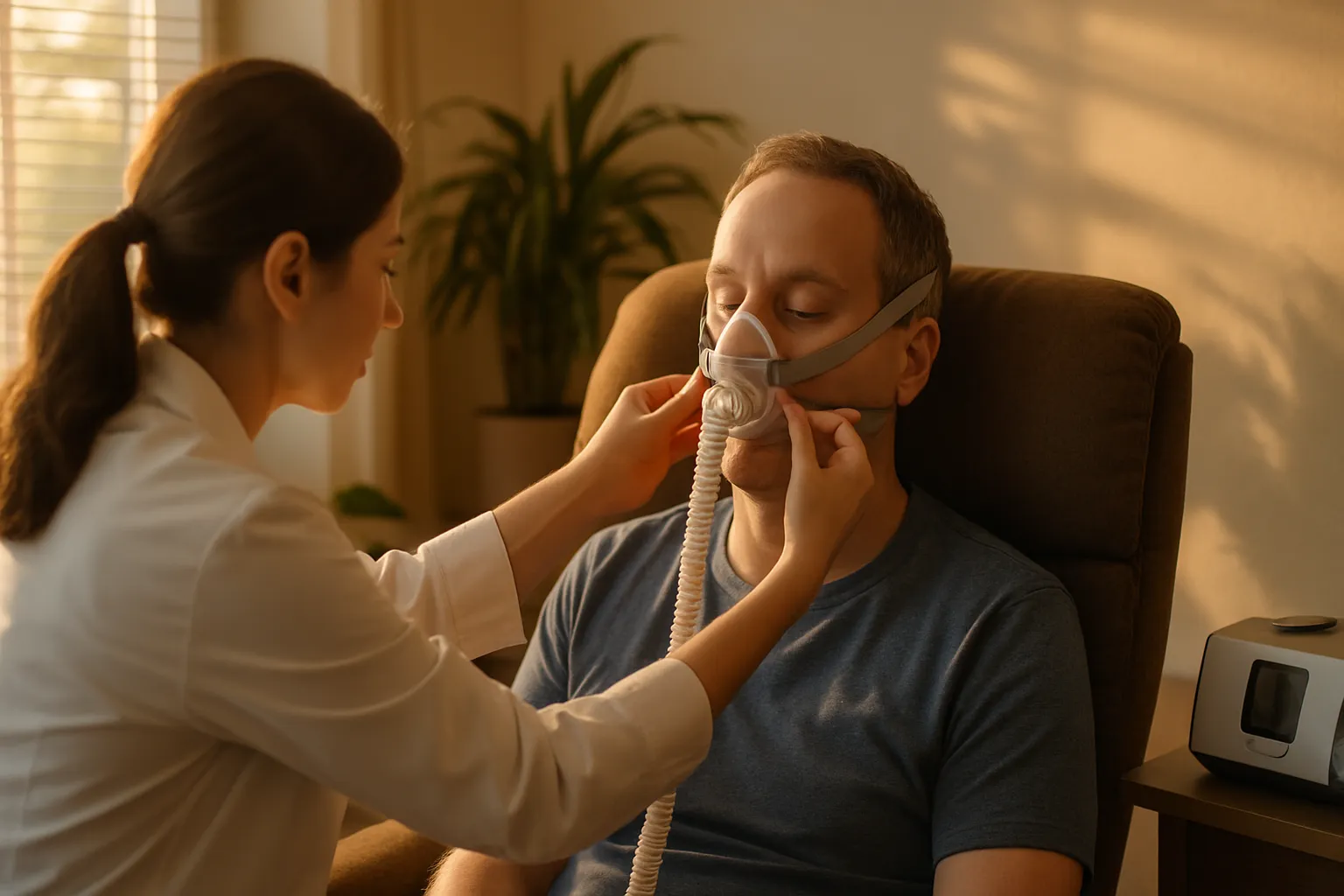 Especialista em sono ajustando máscara de CPAP em paciente, demonstrando técnica adequada de posicionamento para tratamento de apneia do sono