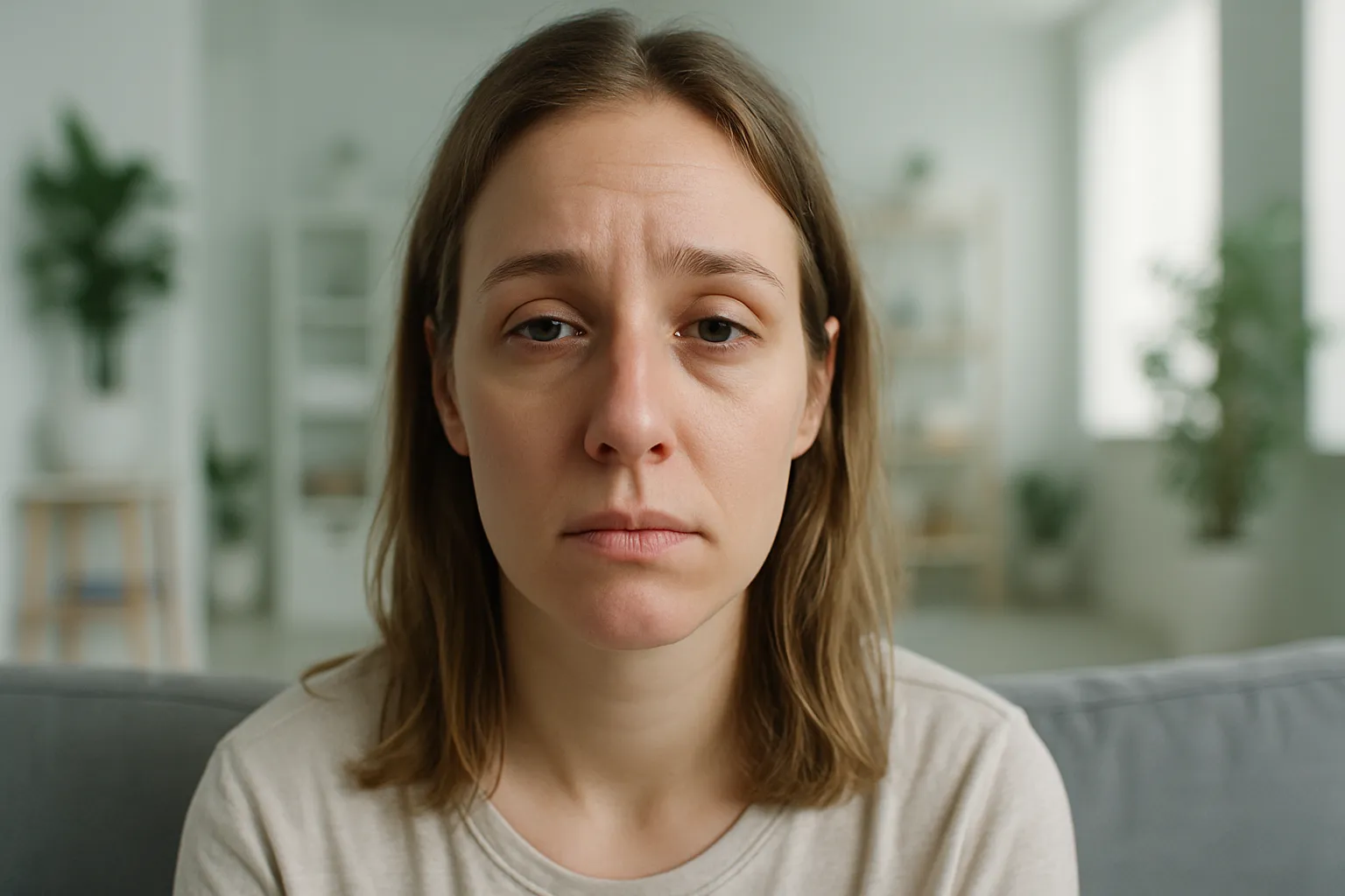 Mulher mostrando sinais visíveis de baixa vitalidade e desconexão emocional relacionados ao desequilíbrio hormonal causado por anticoncepcionais