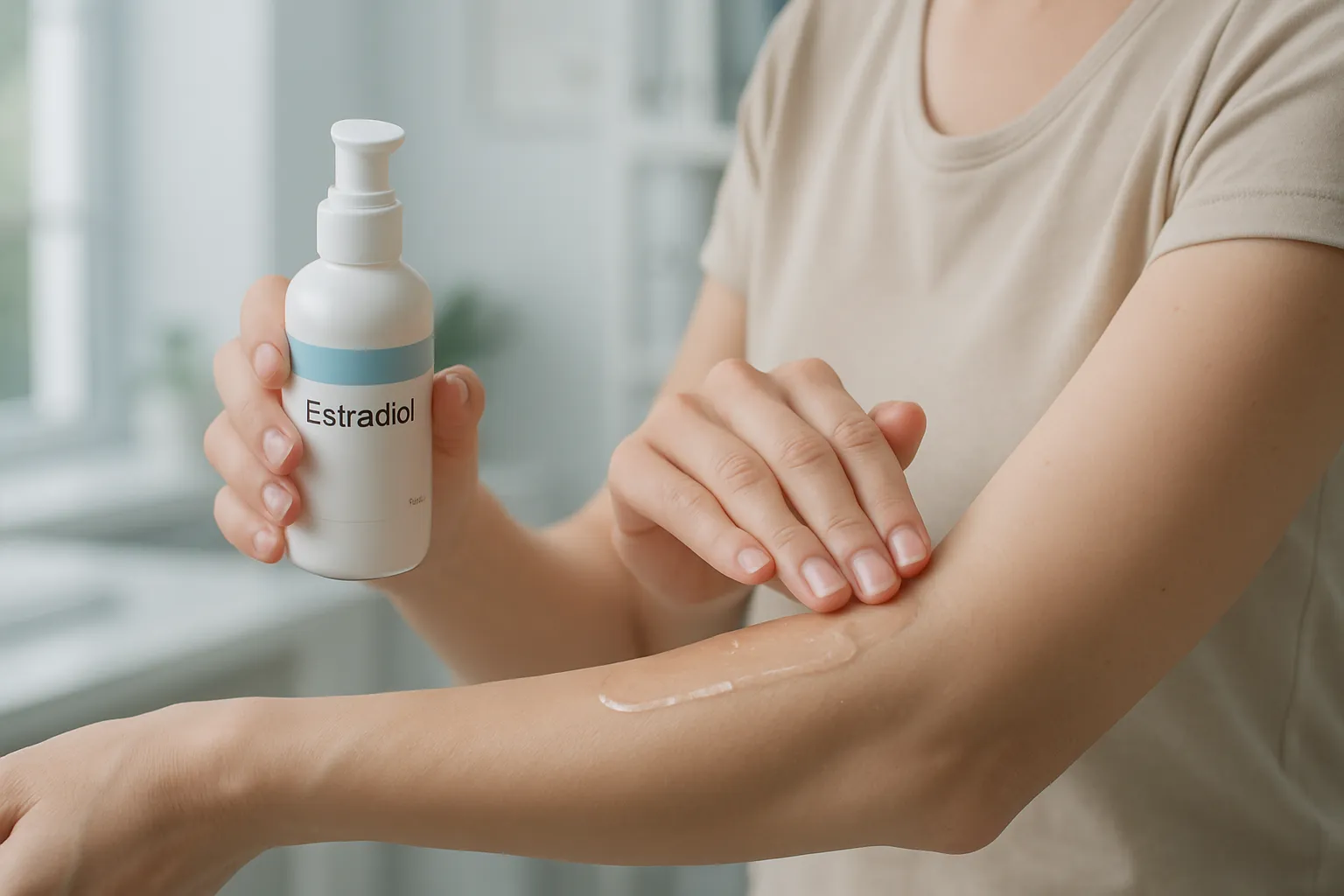 Demonstração de aplicação de gel de estradiol transdérmico no antebraço, mostrando a técnica correta de administração hormonal pela via cutânea