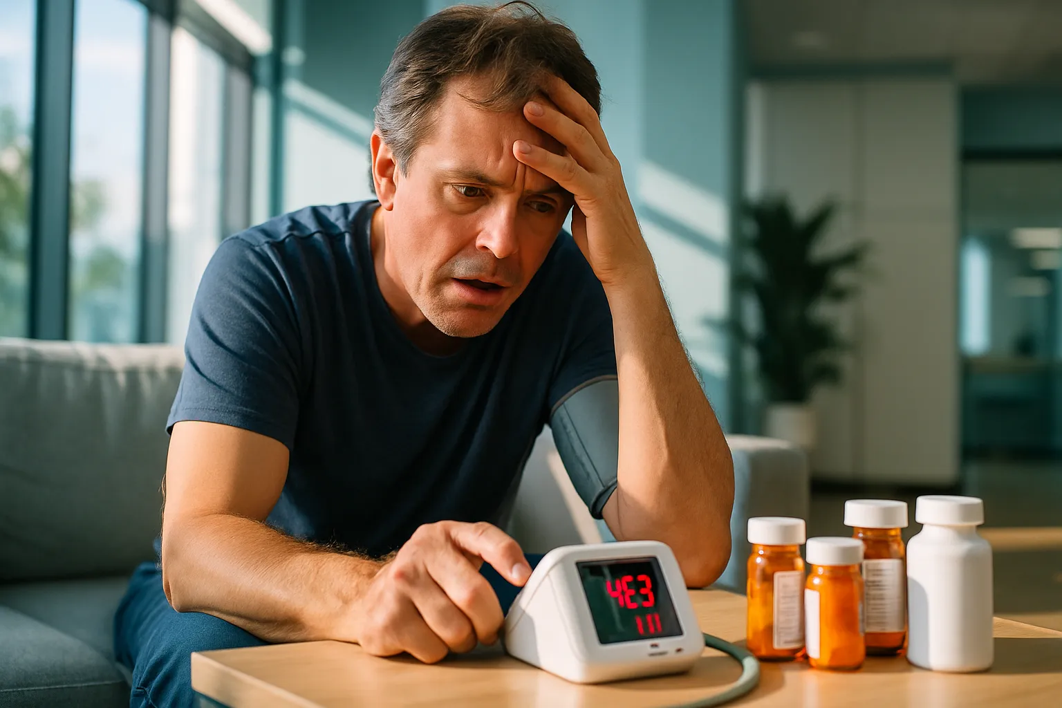 Pessoa frustrada verificando pressão arterial alta em monitor digital, com múltiplos medicamentos na mesa, demonstrando preocupação com hipertensão que não melhora
