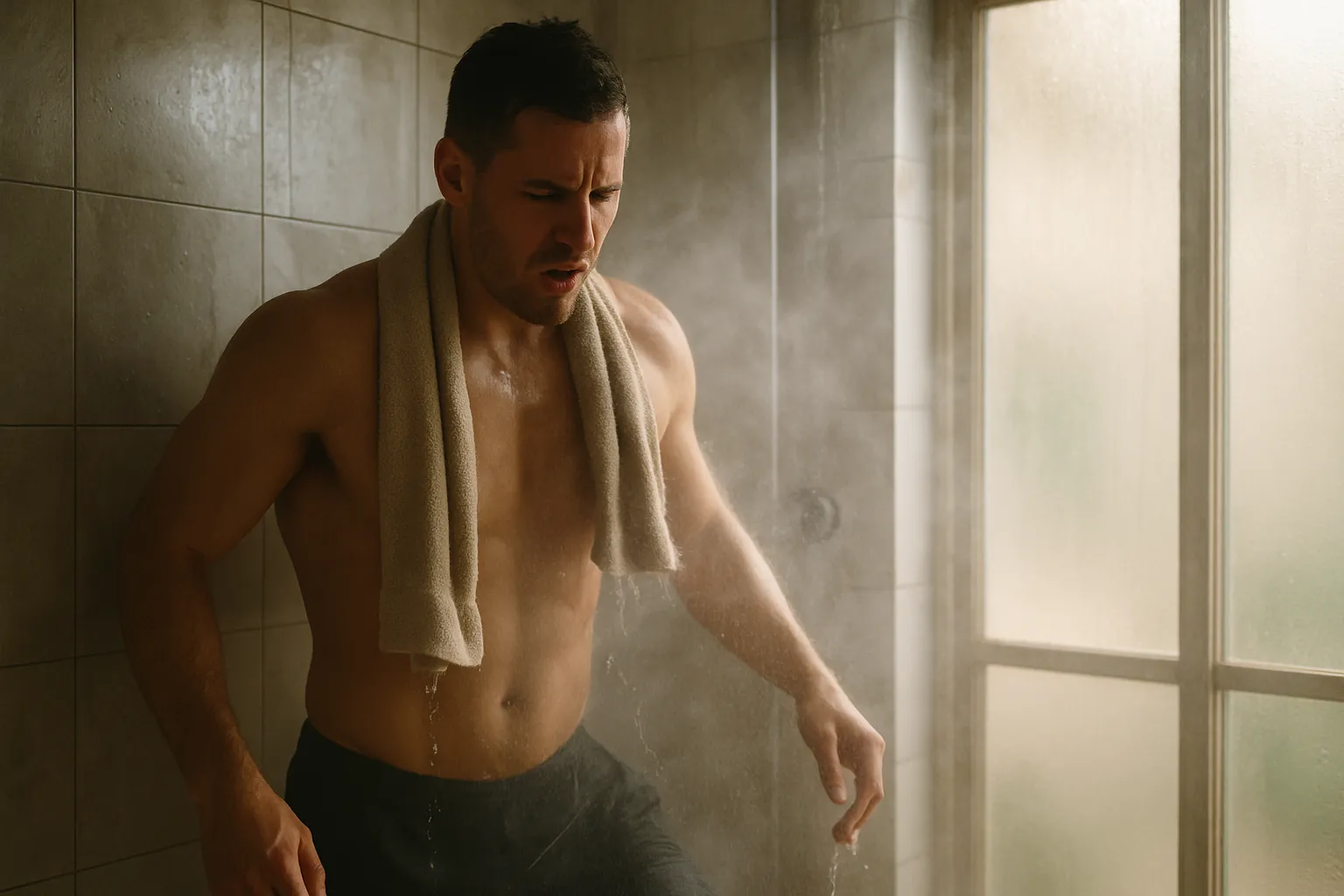 Atleta entrando em chuveiro frio logo após treino intenso, mostrando prática comum que pode interferir no ganho de massa muscular