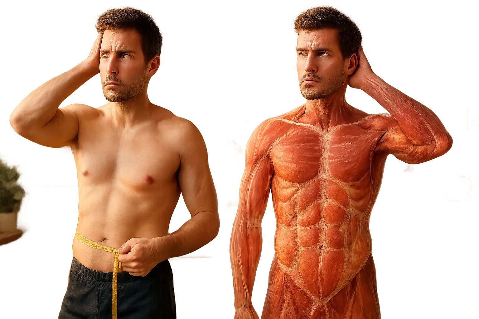 Comparação visual mostrando a diferença entre aparência externa e composição corporal interna real, ilustrando por que o peso na balança não conta a história completa