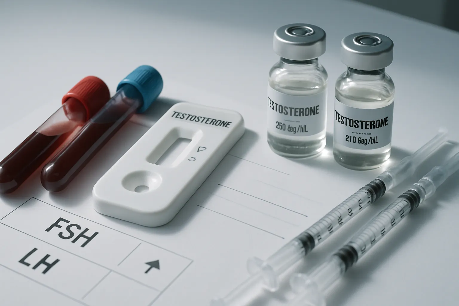 Kit de testes hormonais para diagnóstico de hipogonadismo primário mostrando tubos de coleta, resultados de FSH e LH elevados e frascos de testosterona