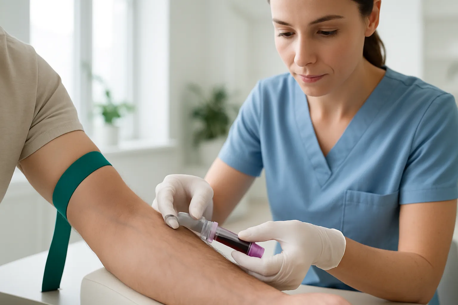 Profissional de saúde coletando amostra de sangue para exame de calcitonina, demonstrando o procedimento de detecção precoce do carcinoma medular de tireoide