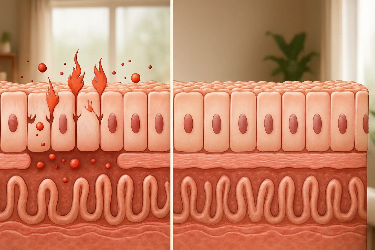 Comparação visual antes e depois mostrando barreira intestinal comprometida versus restaurada, ilustrando o conceito de intestino permeável e sua recuperação