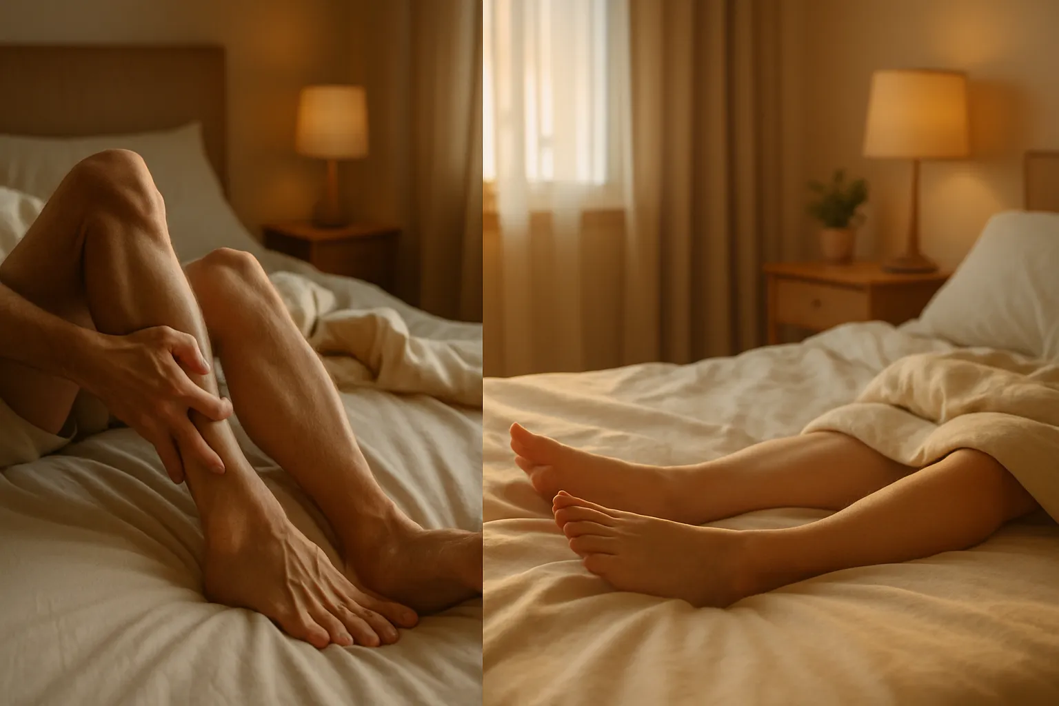 Comparação visual antes e depois mostrando pernas inquietas com tensão à esquerda e pernas relaxadas durante sono tranquilo à direita