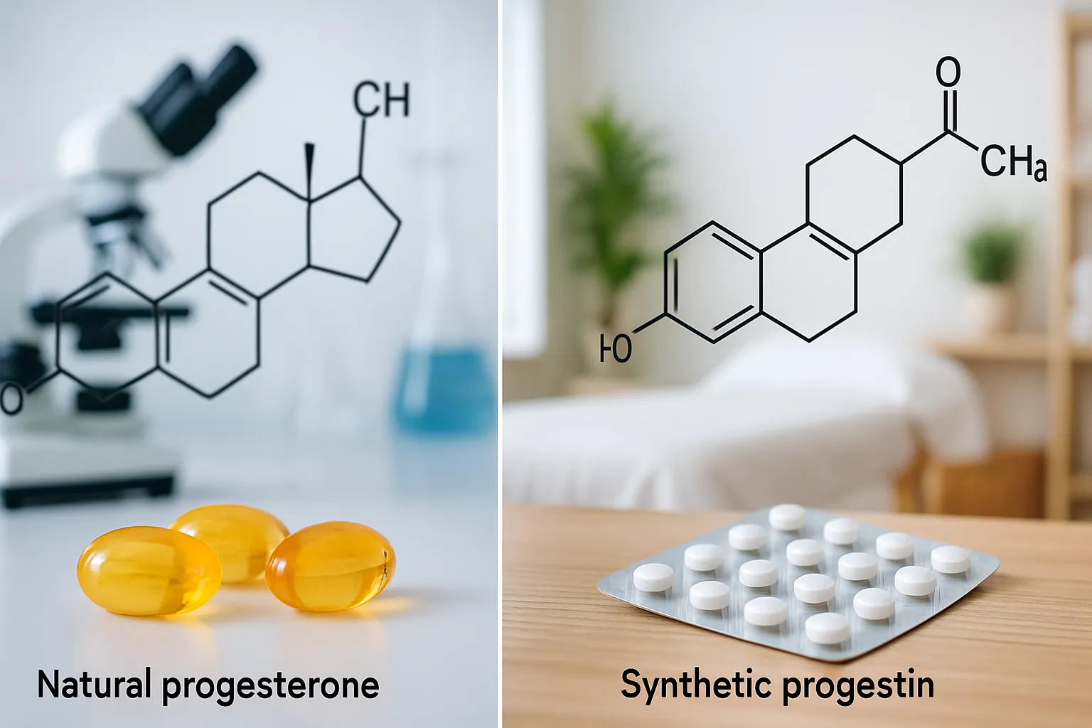Comparação visual entre progesterona micronizada natural e progestinas sintéticas em ambiente farmacêutico