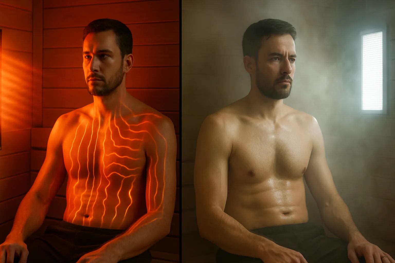 Comparação visual mostrando os diferentes mecanismos de ação entre sauna infravermelha (calor penetrante) e sauna úmida (vapor envolvente)