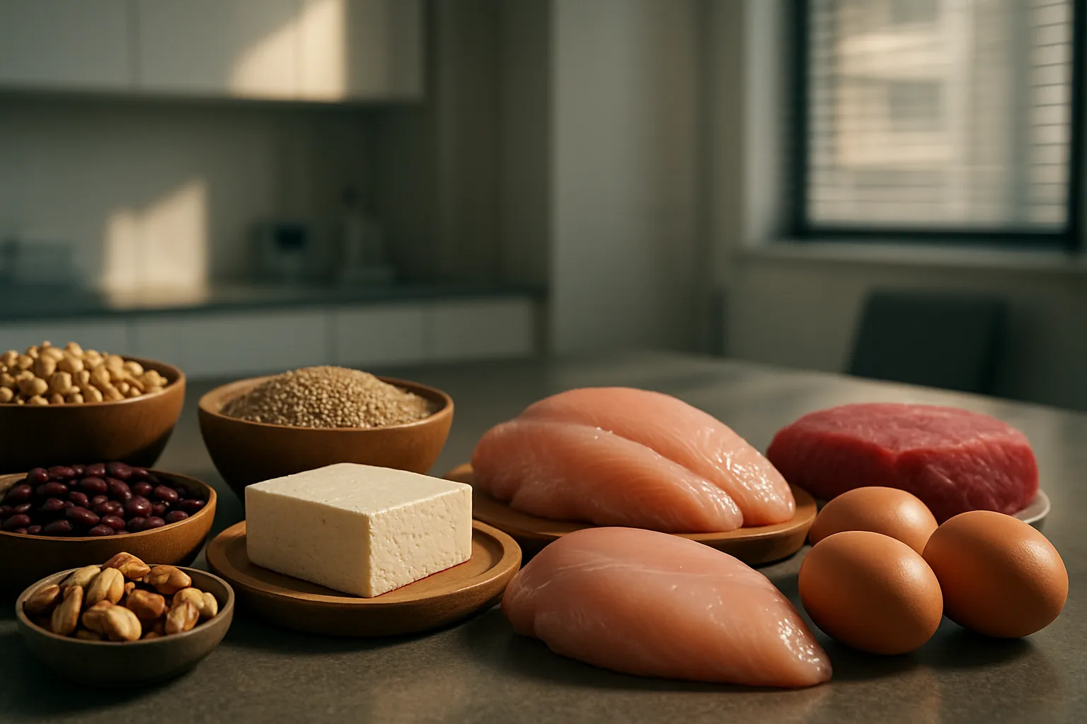 Comparação visual lado a lado entre fontes de proteína vegetal (leguminosas, tofu, quinoa) e proteína animal (frango, ovos, peixe, carne) mostrando diferenças físicas entre as fontes