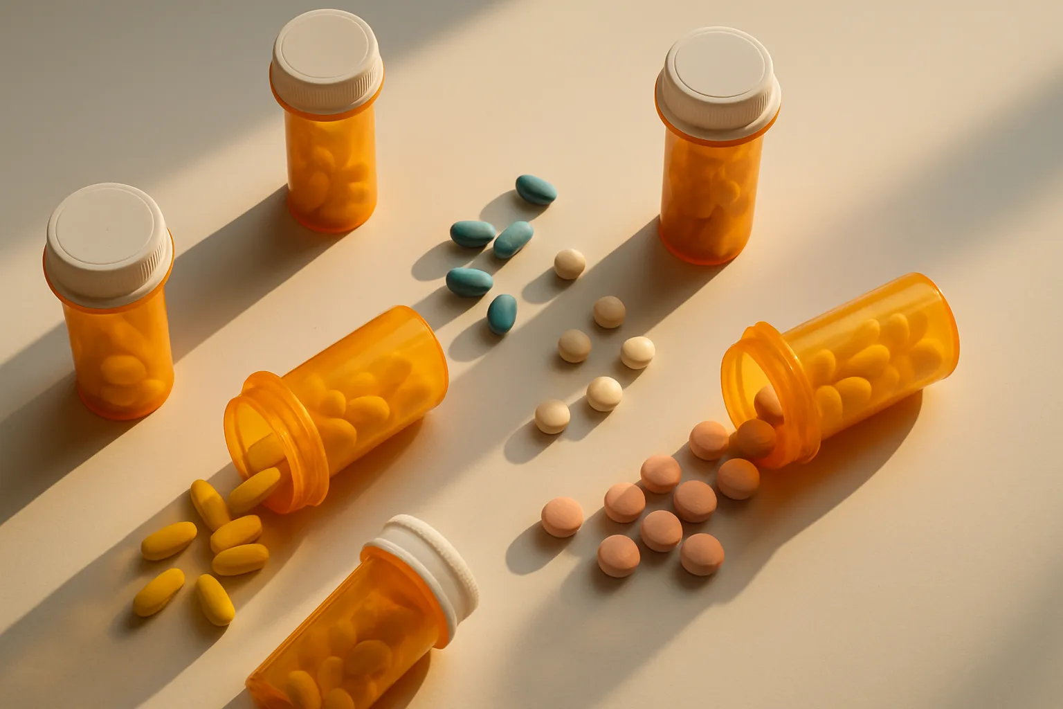 Múltiplos frascos de medicamentos e pílulas de reposição hormonal espalhados mostrando potencial interação medicamentosa