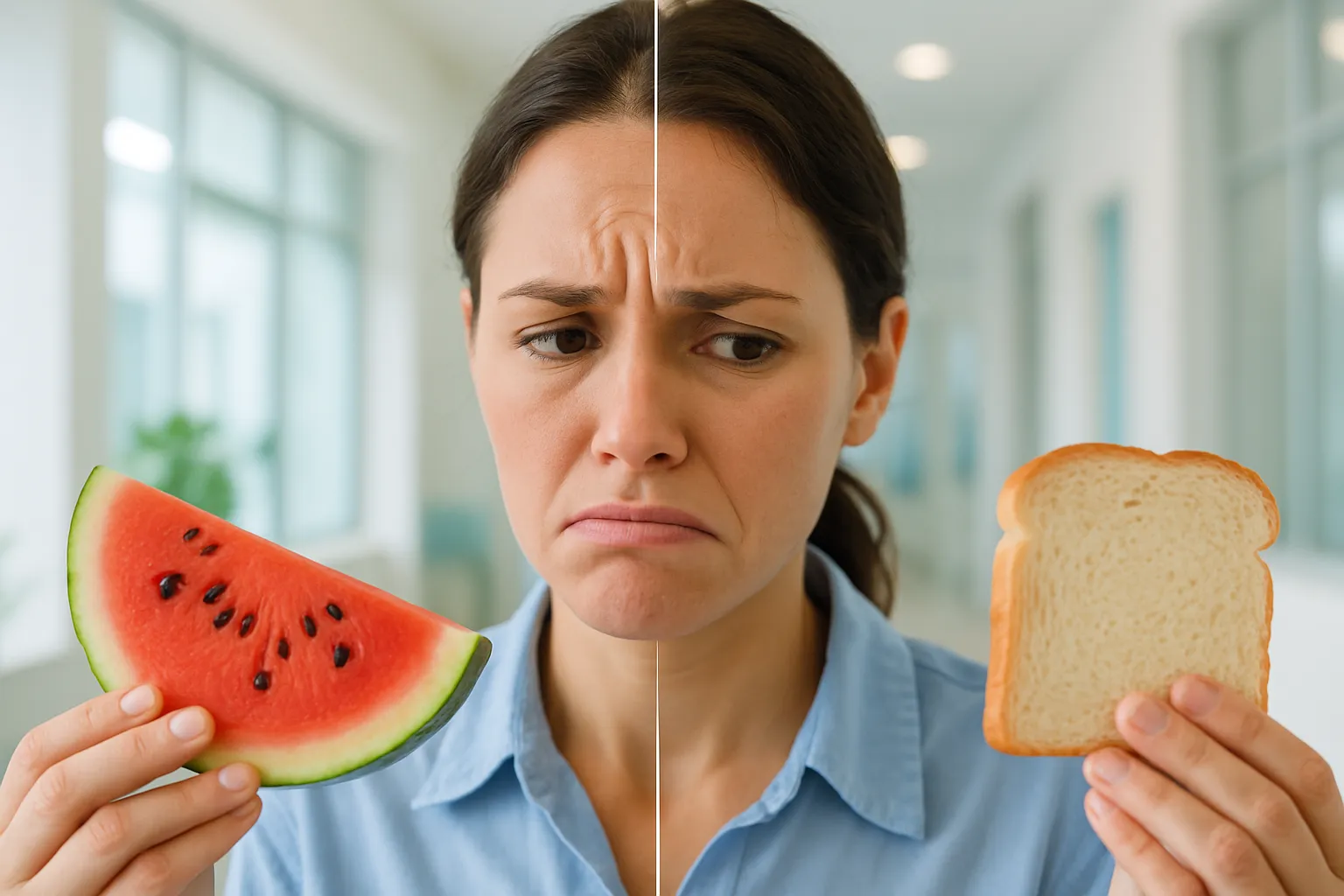 Pessoa confusa comparando melancia e pão branco com índices glicêmicos similares, ilustrando a confusão comum sobre escolhas alimentares baseadas apenas no IG