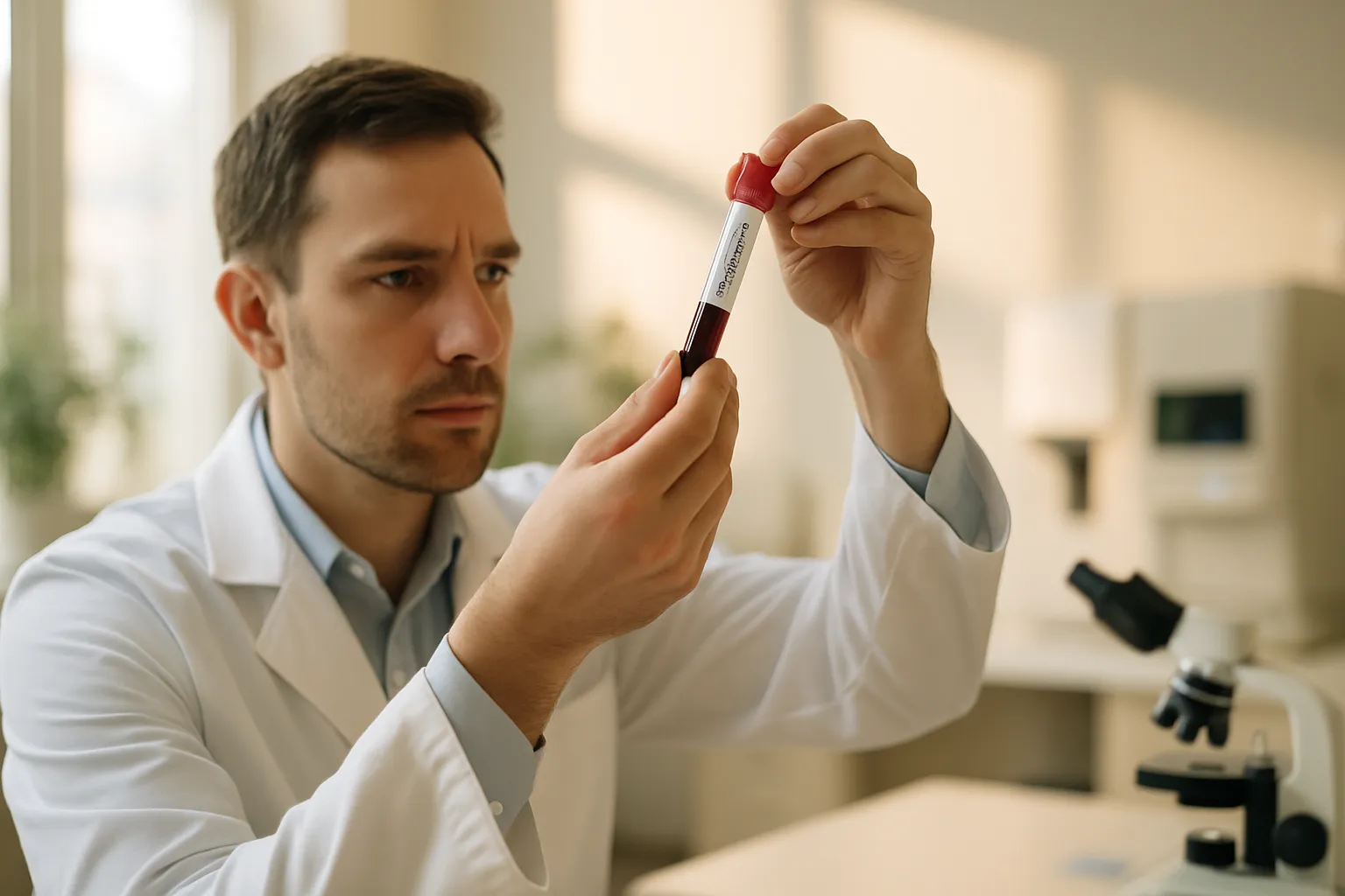 Profissional de saúde demonstrando técnica de análise de exame de testosterona em clínica contemporânea