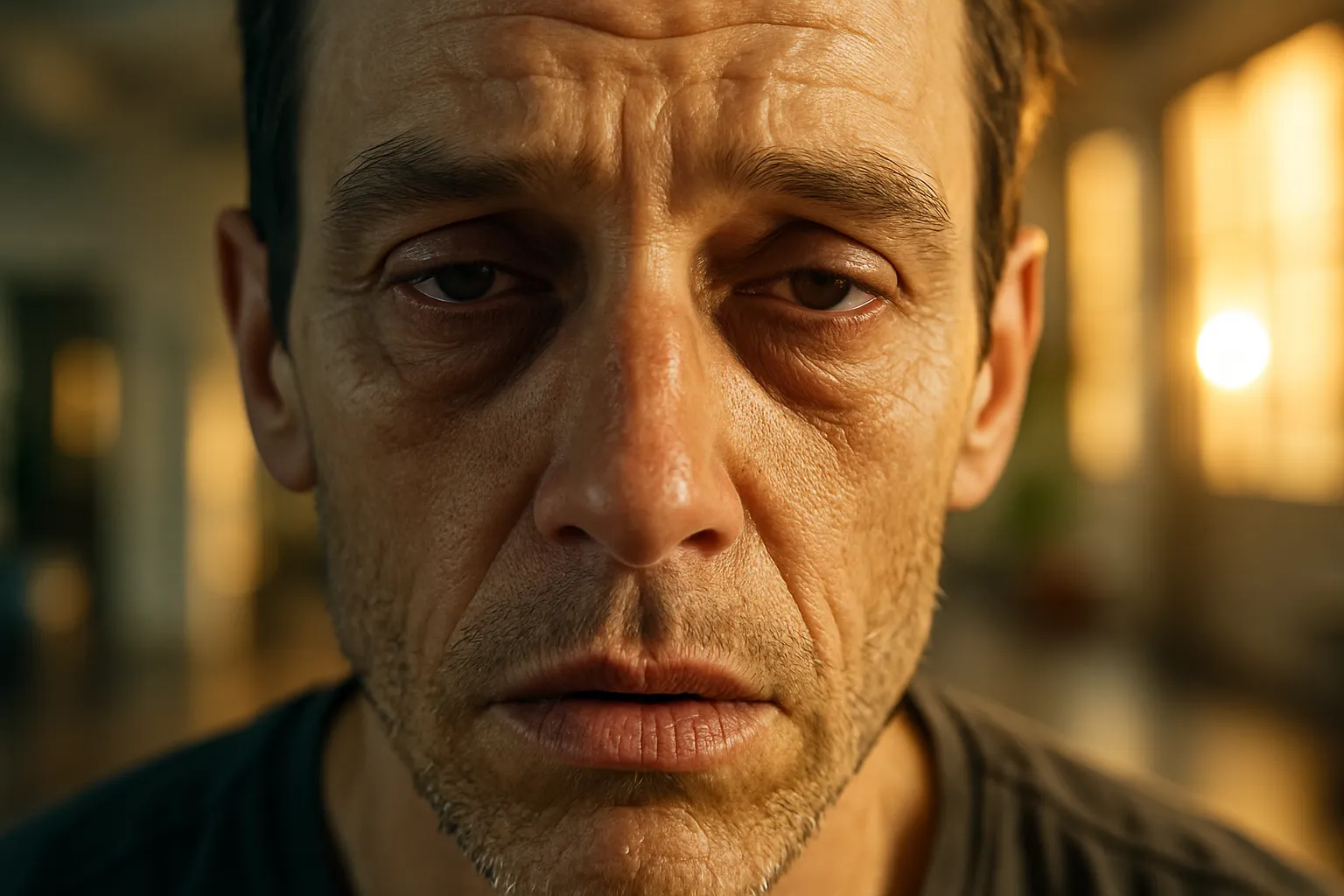 Close-up de pessoa mostrando sinais visíveis de desidratação crônica e fadiga, incluindo olheiras, lábios ressecados e pele sem viço