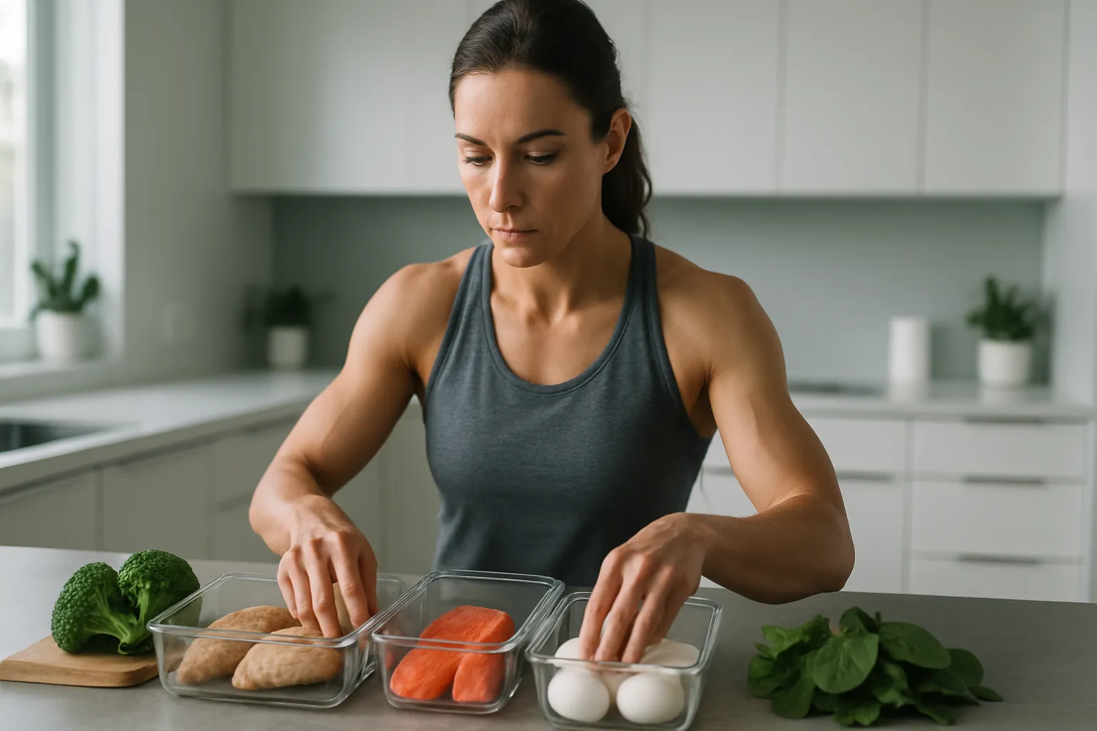 Pessoa preparando múltiplas refeições proteicas em cozinha moderna, organizando porções de frango, salmão e ovos em recipientes separados, demonstrando planejamento estratégico de distribuição proteica ao longo do dia