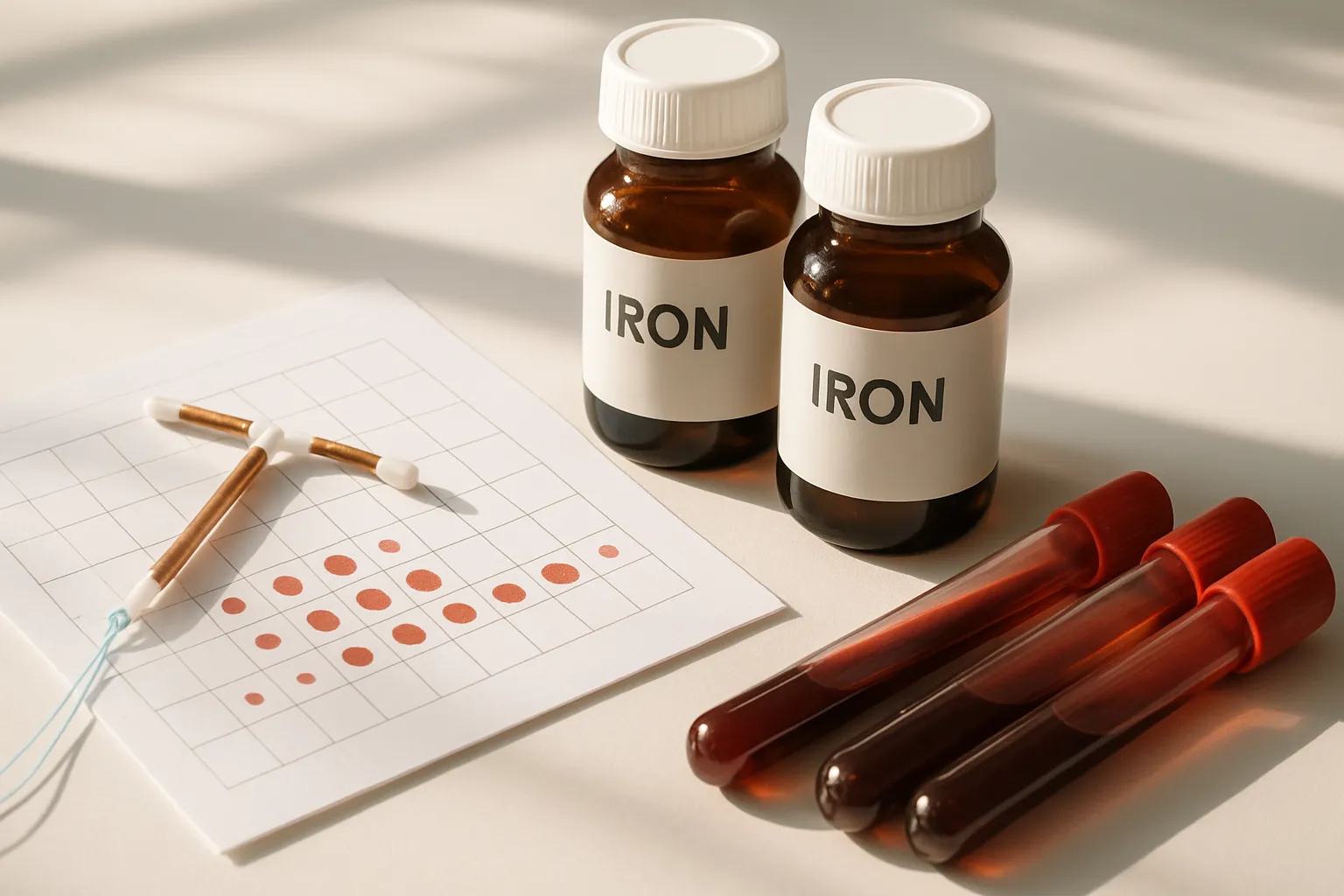 Dispositivo intrauterino de cobre ao lado de materiais para diagnóstico de menorragia incluindo gráfico de fluxo menstrual e tubos de teste para anemia