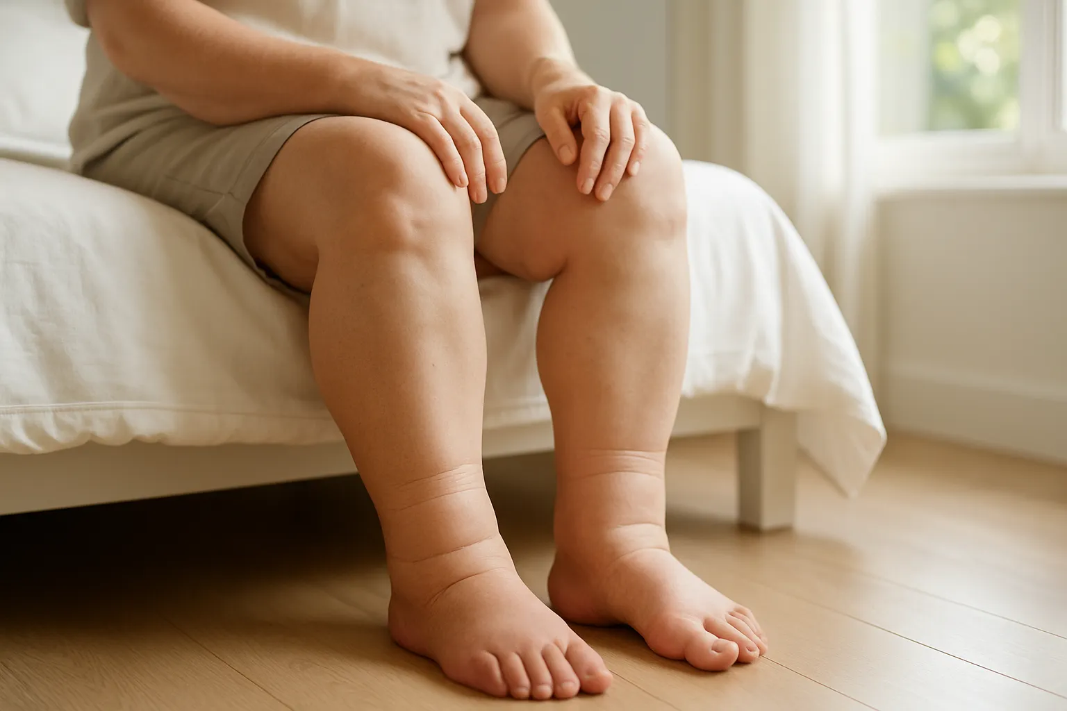 Close-up de tornozelos inchados mostrando retenção de líquidos e marcas de meias, sintoma característico de aldosterona elevada