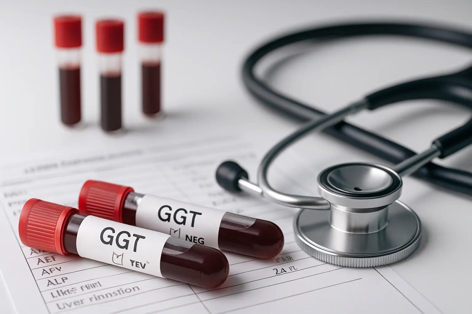 Tubos de exame de sangue para teste de GGT e painel de função hepática dispostos em superfície médica profissional