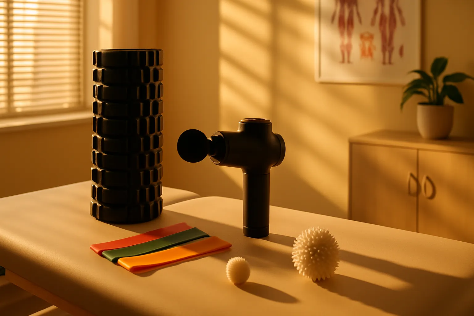 Equipamentos profissionais para avaliação e tratamento de dor muscular tardia incluindo foam roller, pistola de massagem e bandas de resistência em ambiente clínico acolhedor