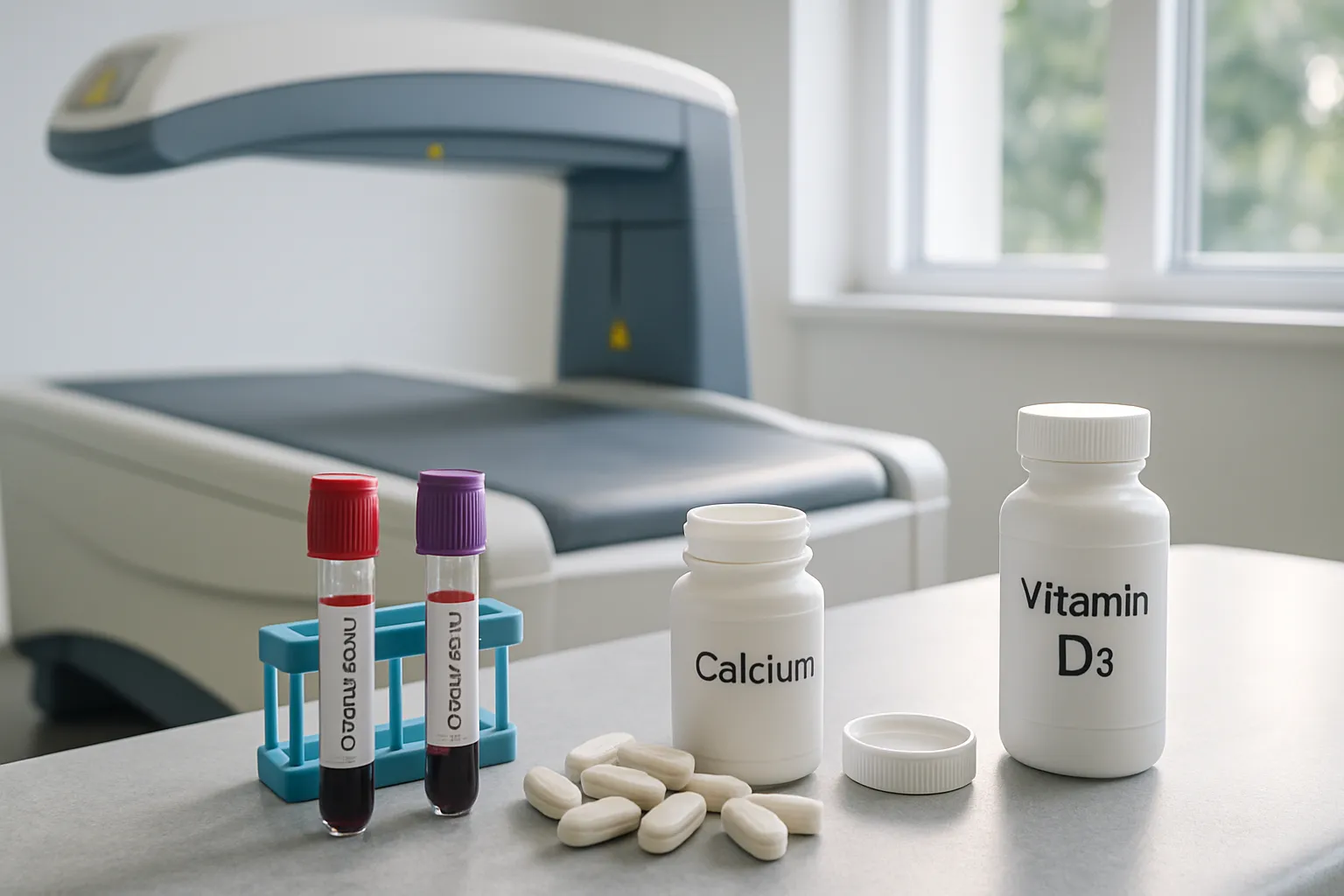 Equipamento de densitometria óssea com tubos de teste de testosterona e vitamina D, suplementos de cálcio e vitamina D3 organizados em mesa médica