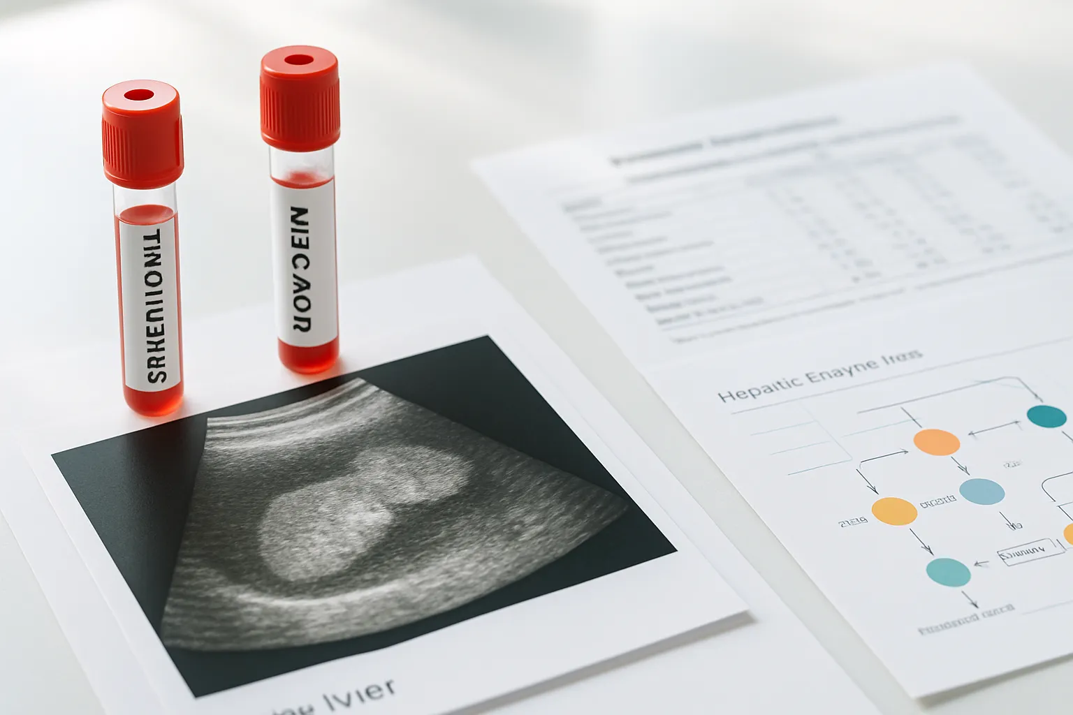 Conjunto de ferramentas diagnósticas para avaliação da função hepática incluindo tubos de exames de triglicerídeos e ácido úrico, resultado de ultrassom hepático e gráfico de metabolismo da frutose em ambiente clínico iluminado